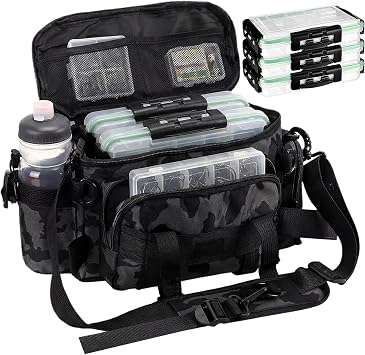 Fishing Tackle Bag with 3 Pcs 3600 Tackle Trays Expandable Soft Fishing Bag Waterproof Camouflage Gear Backpack Padded Shoulder Strap Angler Gear Storage Gifts for FishermenGray