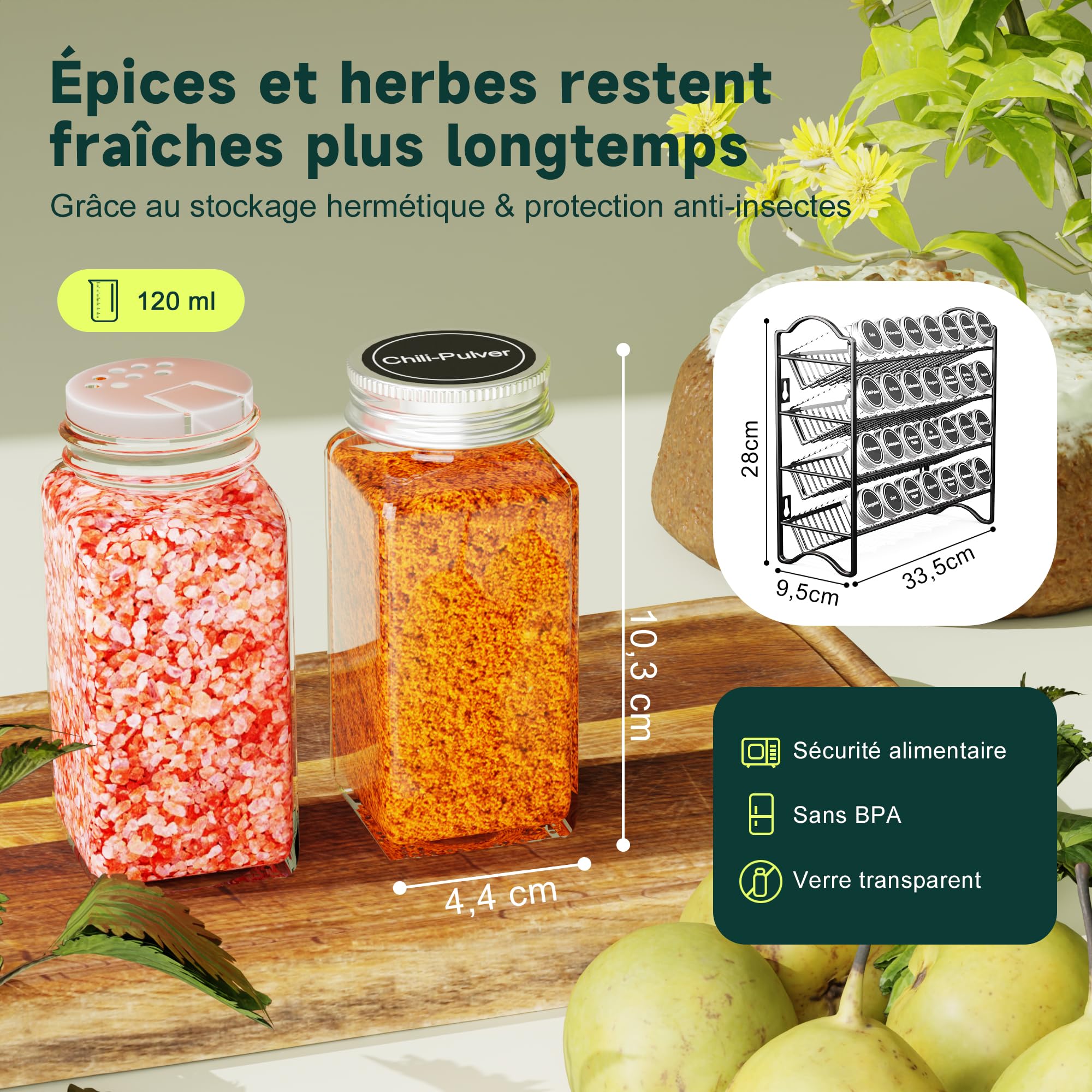 Étagère à Épices avec 28 Pots en Verre & 120 Étiquettes - Organisateur de Cuisine Mural ou Posable - Système de Rangement Épices Français (Noir)