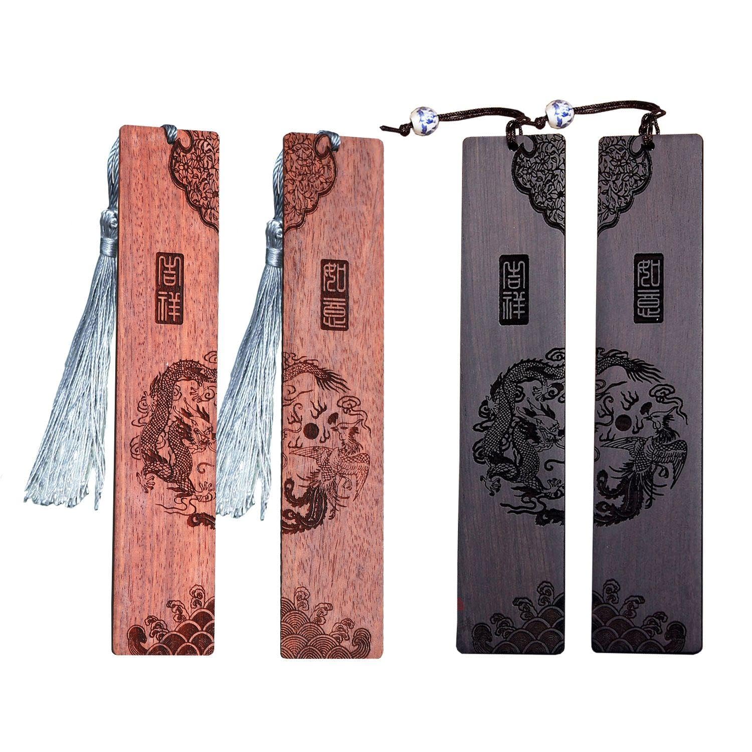 OODJVN 2 Pairs Of Dragon And Phoenix Colorful Bookmarks, Handmade Wooden Couple Bookmarks, Practical Reading Tools, Suitable For Book Fans, Students, Teachers.