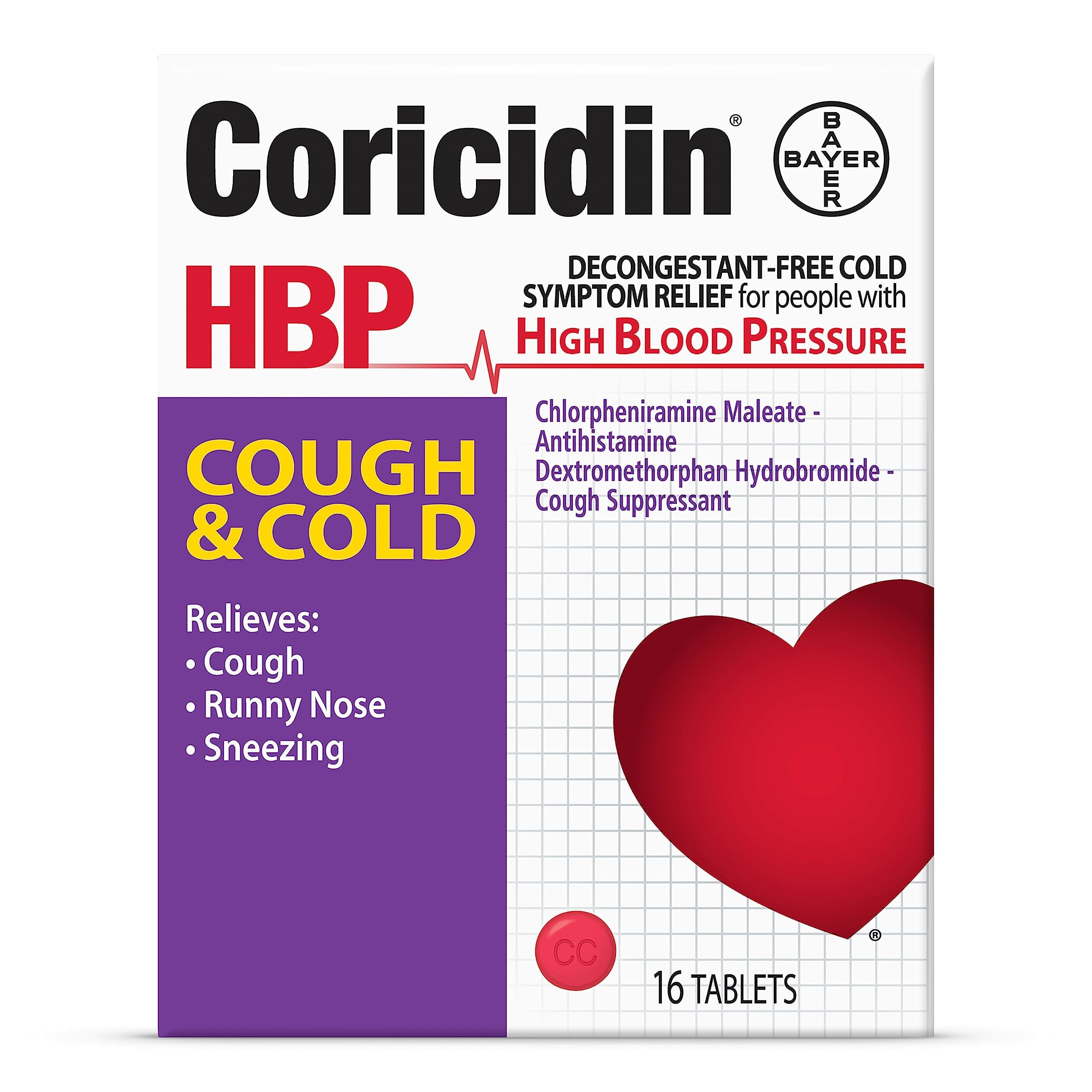 Coricidin HBP Decongestant-Free Cough and Cold Medicine - Specially Designed Relief for High Blood Pressure, Cough, Runny Nose, Sneezing and Cold Symptoms (16 Count)