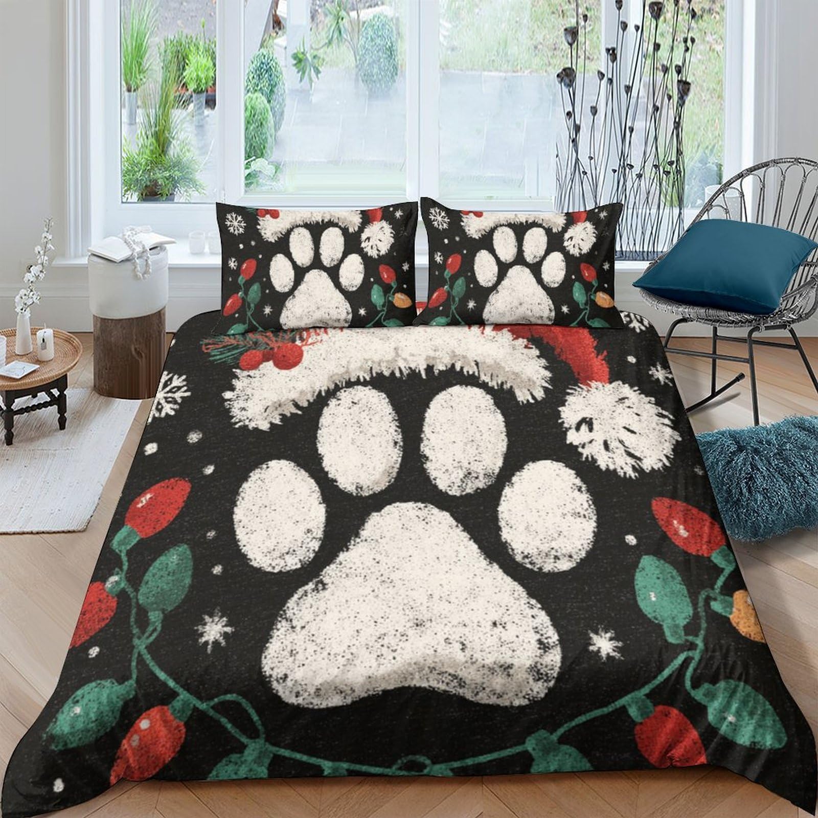 Ctjqhvkz Style-7 3D Printed Christmas Paw Fitted Sheet Microfiber Soft Anti-Slip Pet Theme Bed Cover For Bedroom Guest Room Easy Care Single（135X200cm）