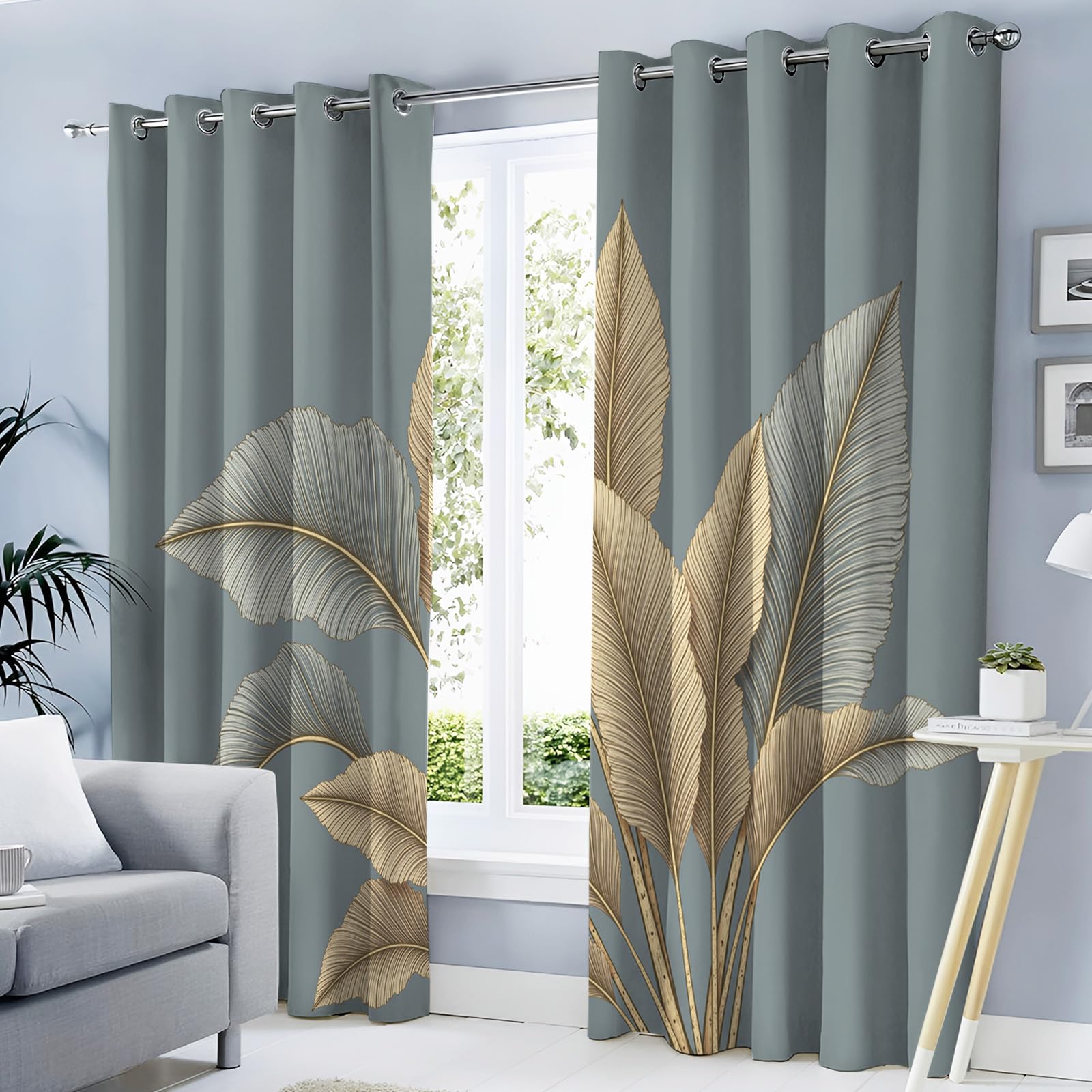Rideaux motif feuille bananier dorée gris 117x183cm pour chambre