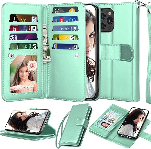 Njjex Funda compatible con iPhone 12iPhone 12 Pro de 6.1 pulgadas (2020), 9 ranuras para tarjetas Funda de piel sintética para crédito de