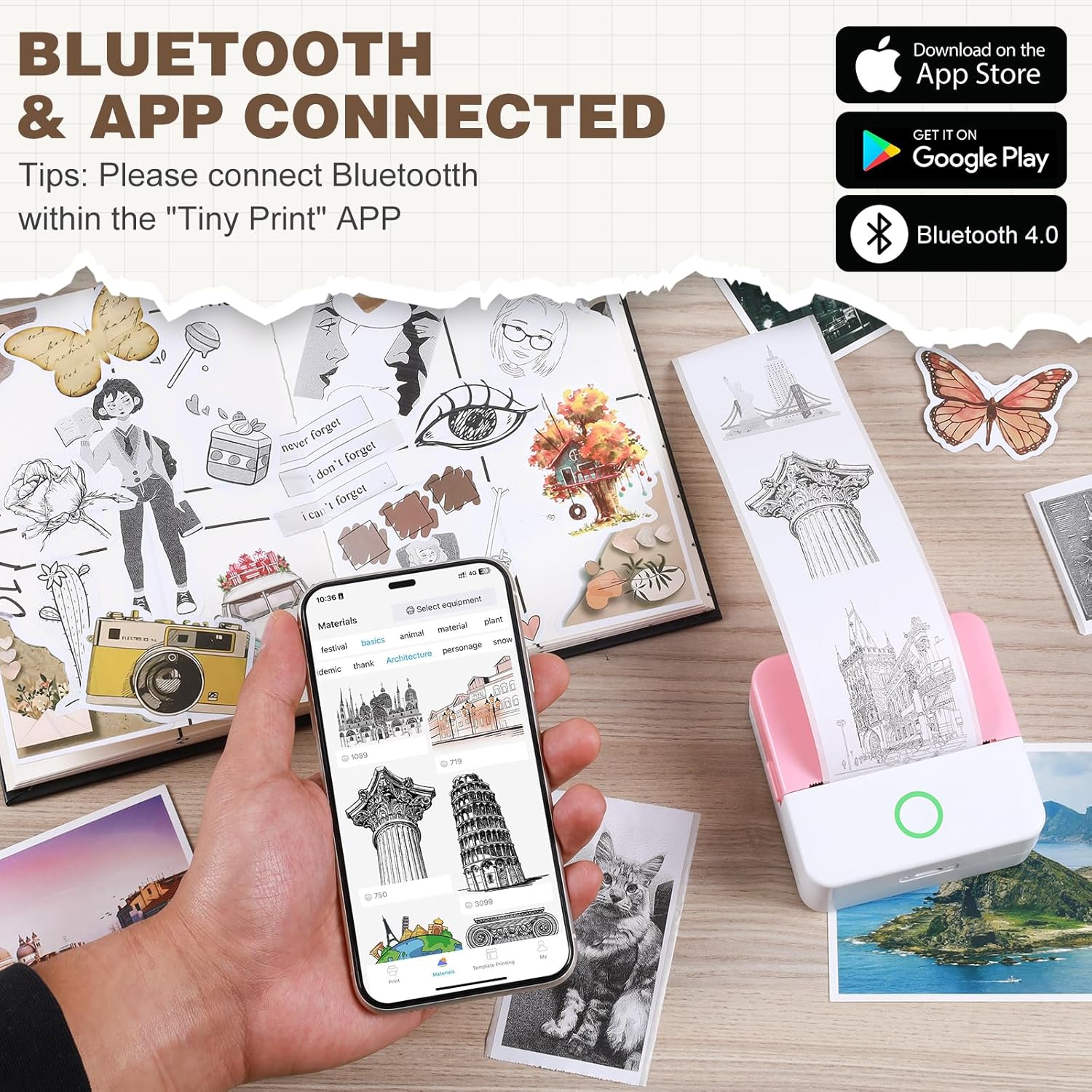 Smartphone screen showing Tiny Print app and Bluetooth connection to printer