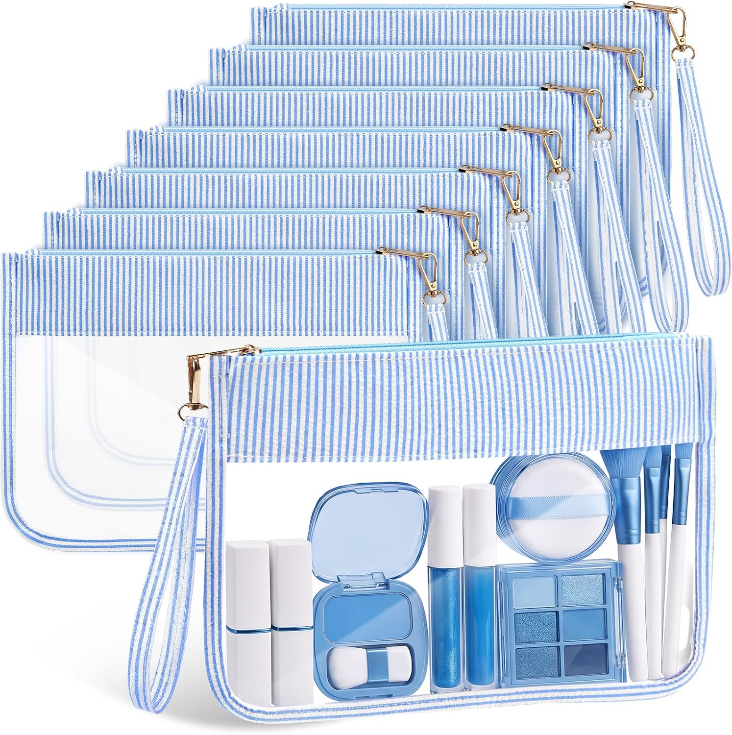 Sanwuta 8 Pcs Seersucker Clear Makeup Bag,Large PVC Zipper, Light Blue