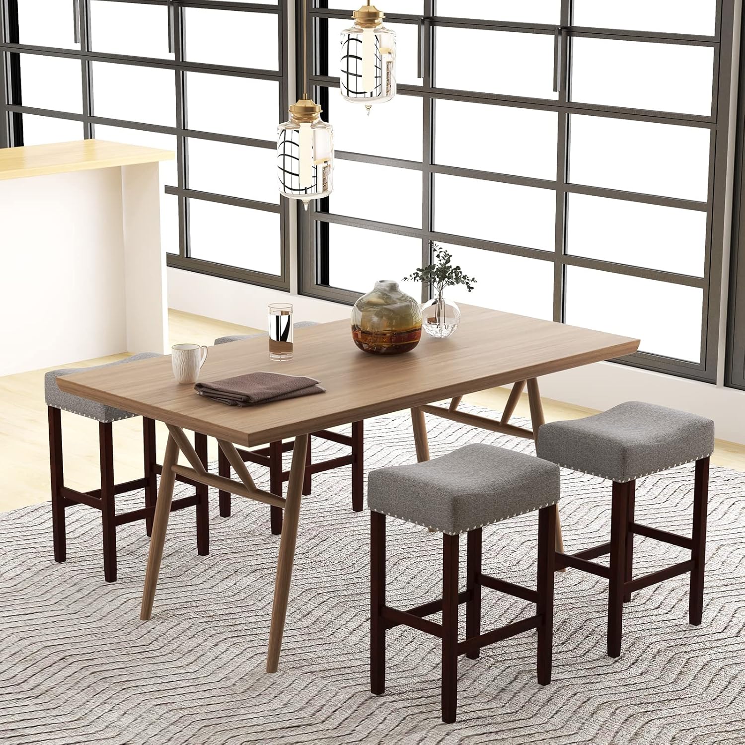 COSTWAY Wooden Saddle Stools Set of 4, 25-inch Backless Counter Chairs with Nailhead Trim, Rubber Wood Frame, Footrest, Max Load 330 Lbs, Upholstered Bar Stools for Kitchen Island, Grey+Brown