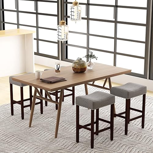 Miniatura 4 de COSTWAY Juego de 2 taburetes de bar de altura de mostrador, taburetes de silla sin respaldo de 25 pulgadas con borde de cabeza de clavo, marco de