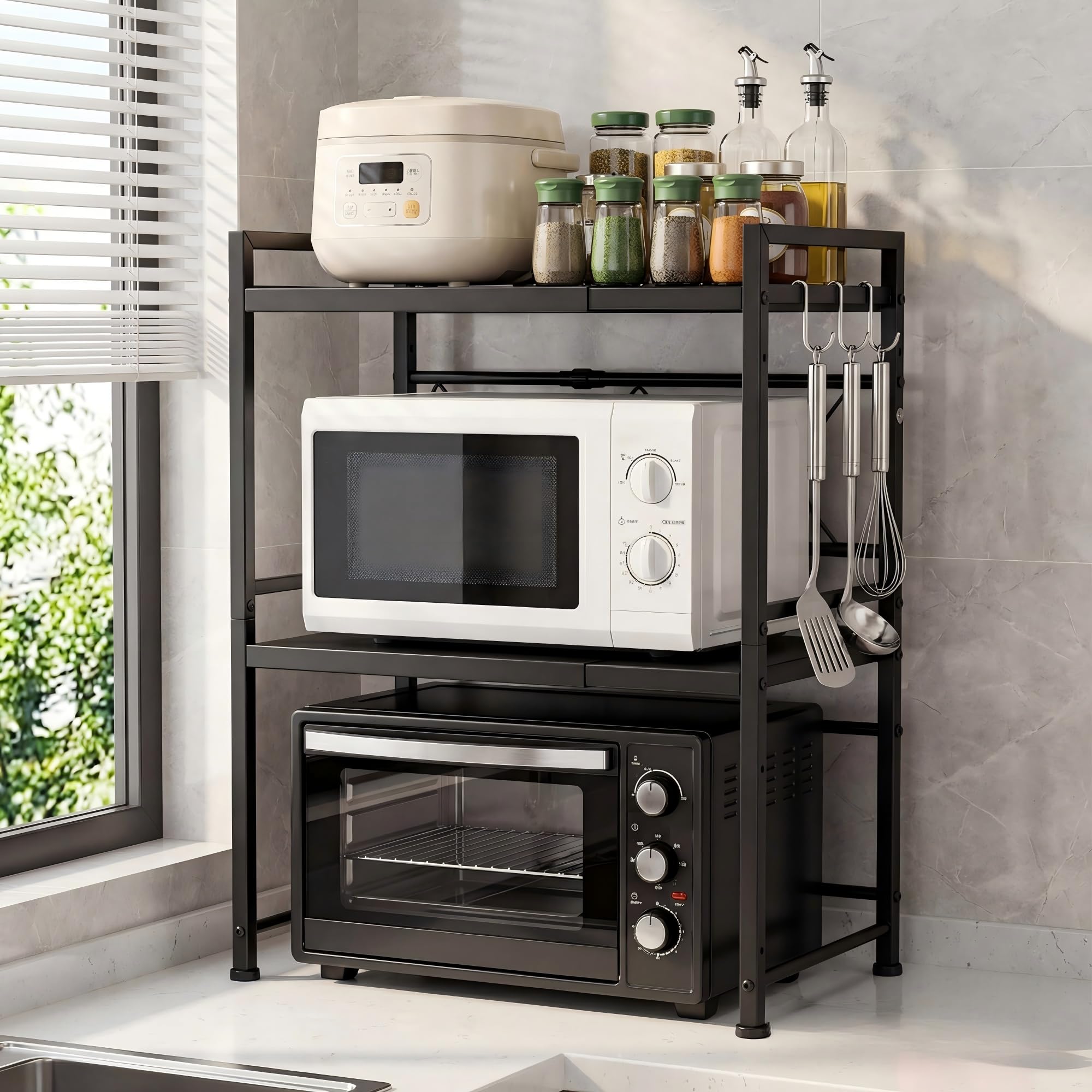 DAWNYIELD 3 Tier Extendable Microwave Oven Rack Shelf with 3 Hanging Hooks Microwave Stand with Storage for Kitchen Counter Organiser Printer Stand (Black)
