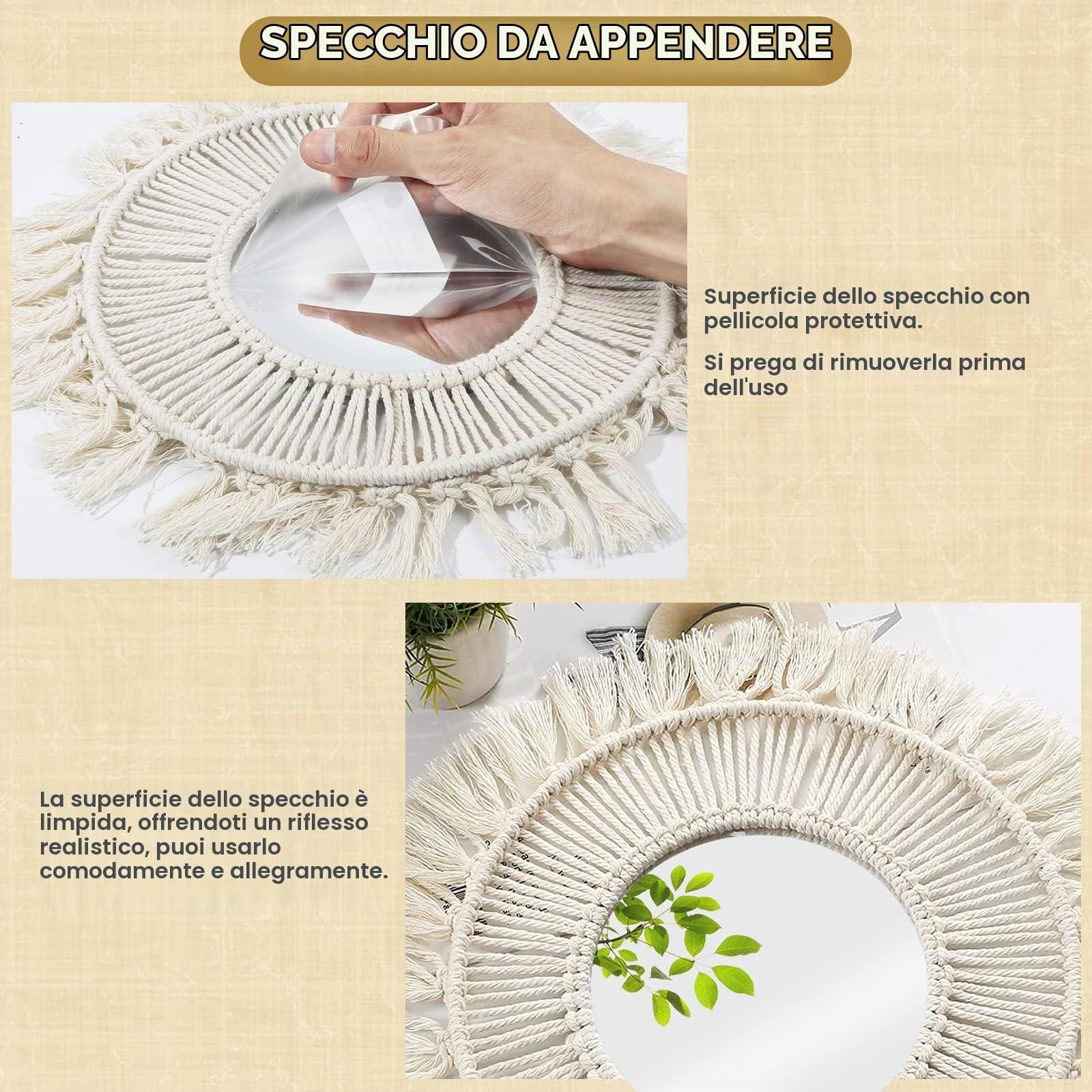 2 Pezzi Specchio da Parete in Macramè con Frange Tessute, Sospeso Boho Mirror Art Decor Macrame Fringe in Legno, Specchio Decorativo Rotondo da Appendere per Appartamento Soggiorno Camera da Letto