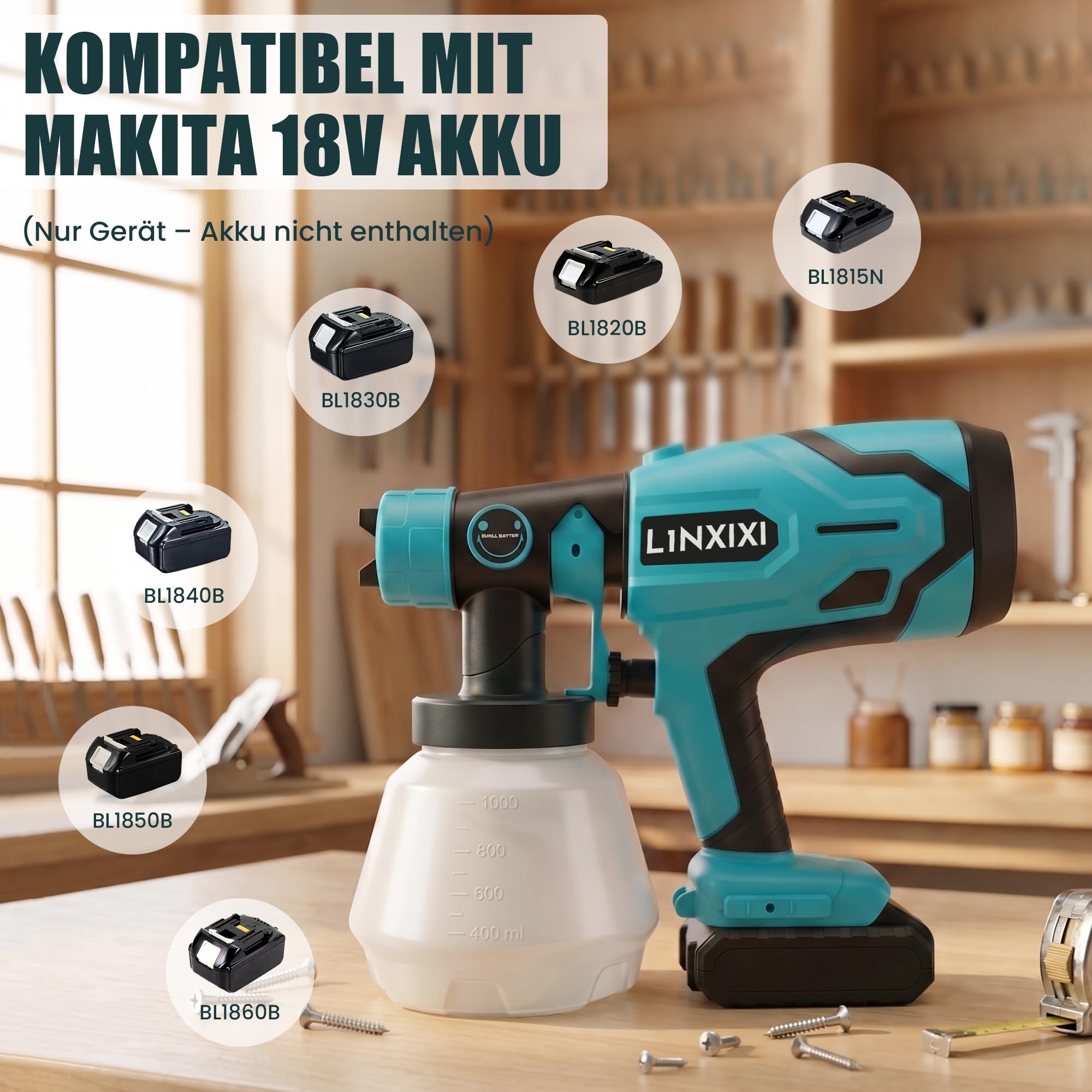 Akku Farbsprühsystem für Makita 18V Akku, Farbspritzpistole Kabellos | 1000ml Behälter | 4 Düsen & 3 Sprühmuster, Lackierpistole Spritzpistole für Wandfarbe, Möbel, Zäune, Gartenzaun(ohne Akku)