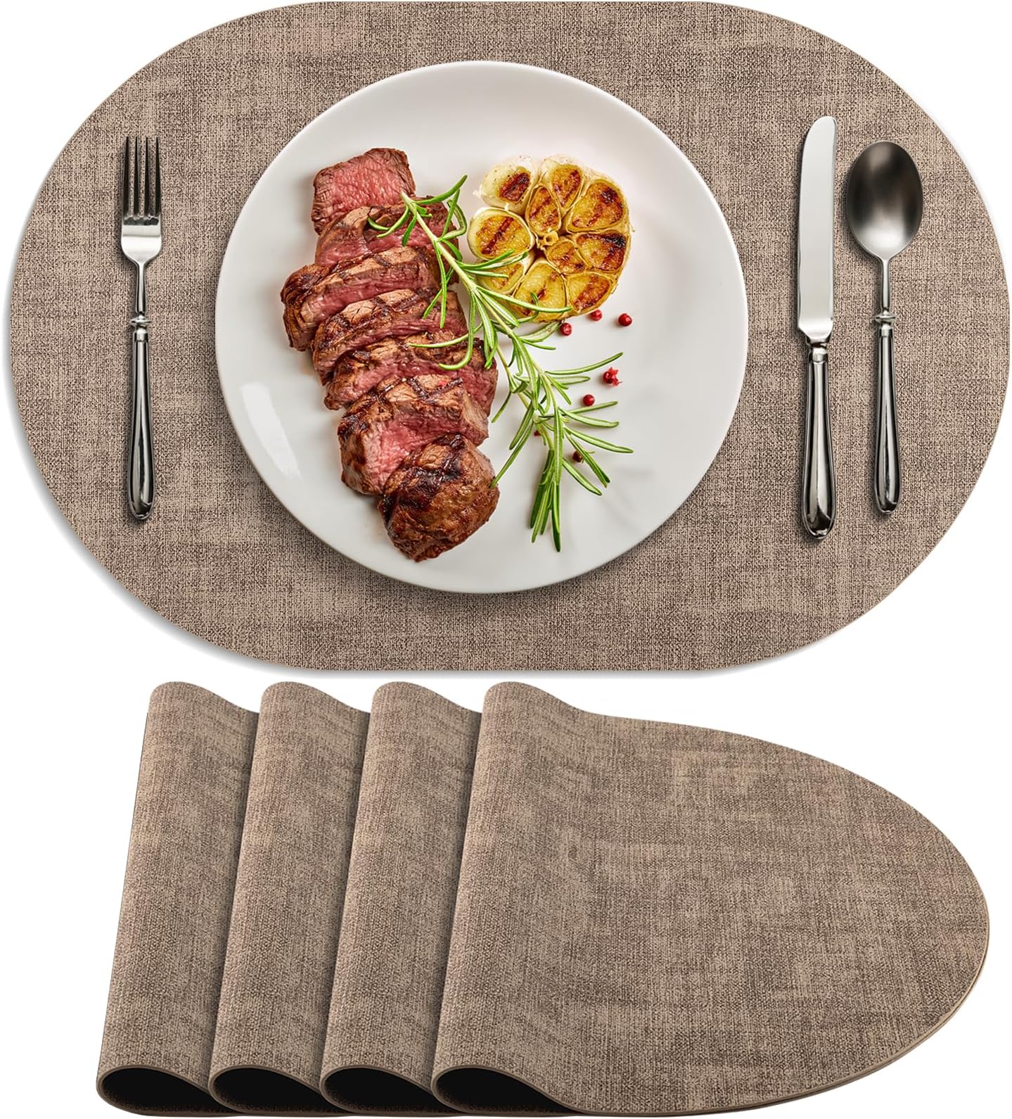 Placemats Set of 4 Non-Slip, Heat Resistant Oval Faux Leather Place mats Double Layer, Waterproof Table Mats Easy to Clean for Kitchen Dining Room Coffee Office Table, Apricot