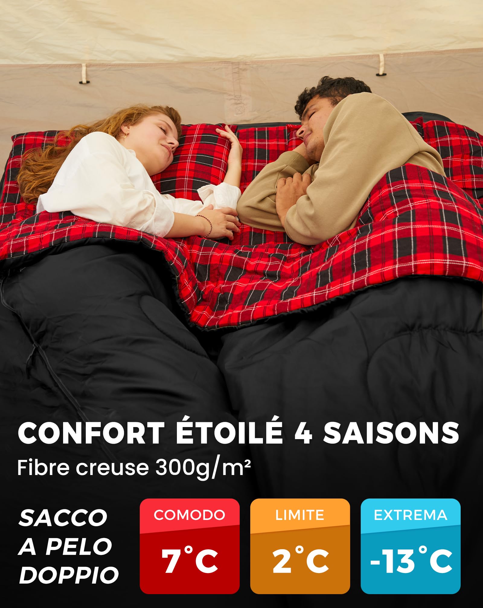 KingCamp Sacco a Pelo Matrimoniale Extra Grande -3℃-12℃ Separabile in 2 Sacchi a Pelo Singola Sacco a Pelo Doppio 3 Stagioni Portatile Comodo Campeggio Leggero con Custodia