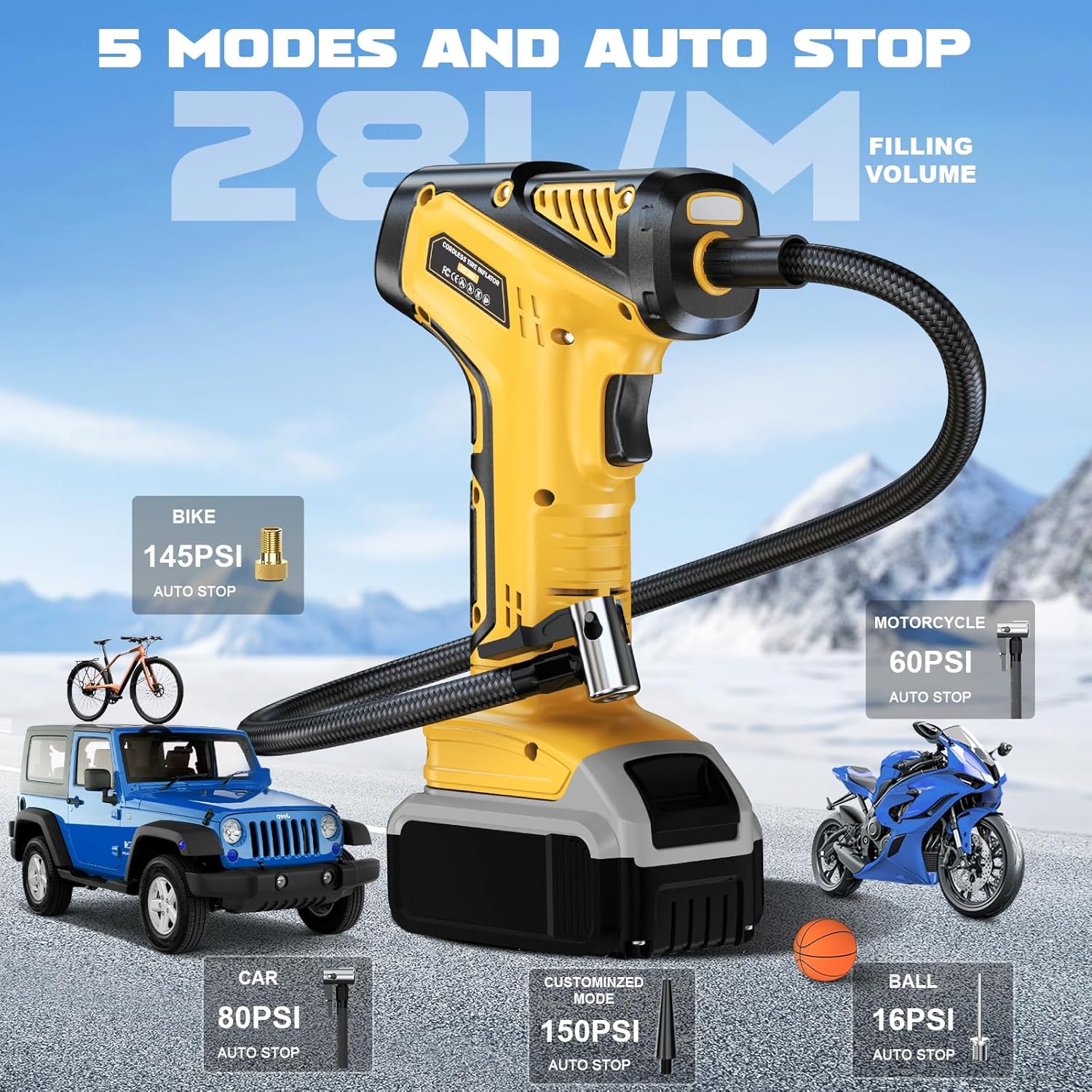 Tire Inflator Portable Air Compressor Compatible With Dewalt 20V Battery, LIVOWALNY 150PSI Air Pump Cordless Tire Pump Digital Pressure Gauge, Tire Inflator for Car, Bike, Motorcycle (No Battery) - Image 4