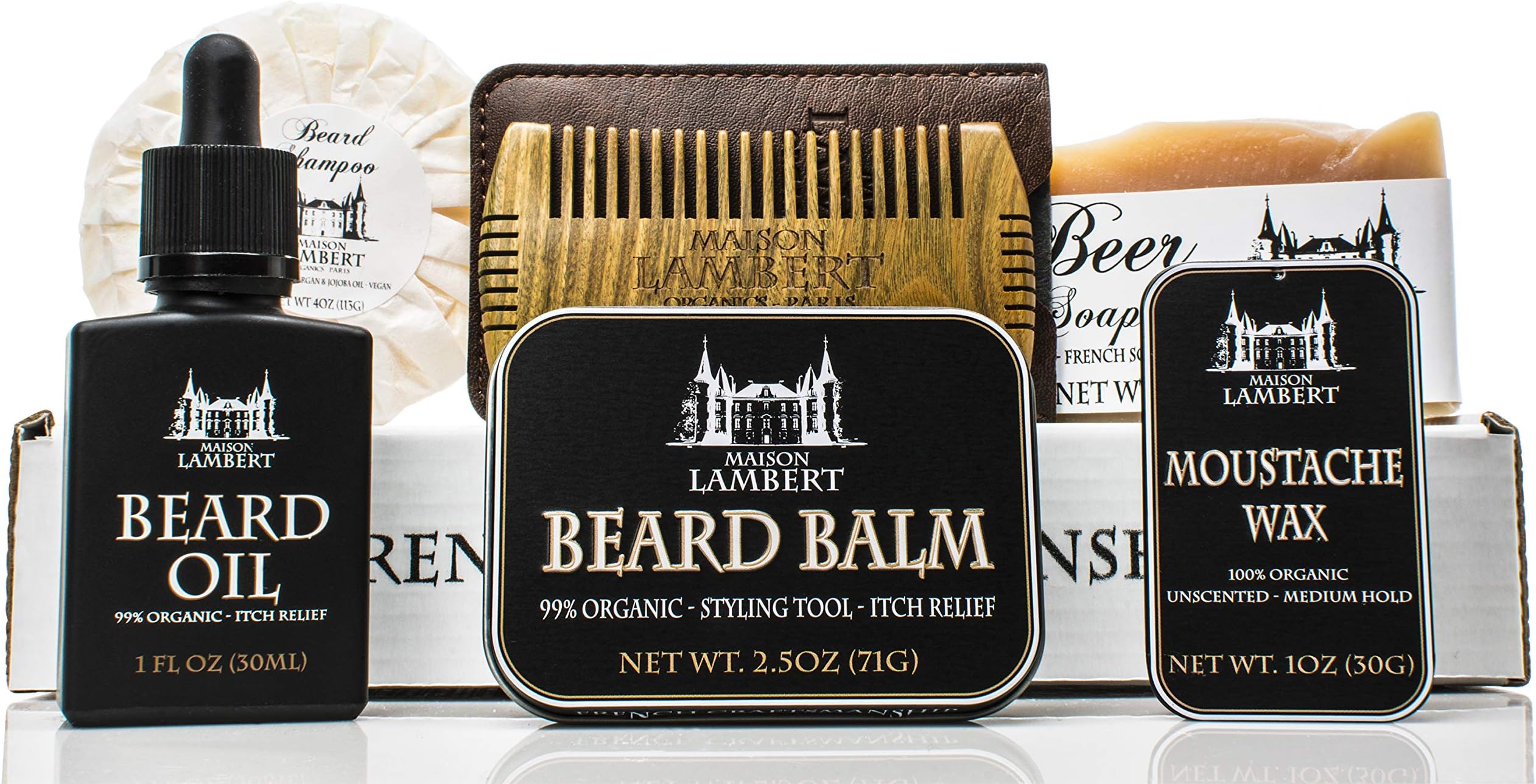 Ultimate Beard Kit Contains: Organic Beard Balm, Organic Mustache Wax, Organic Beard Oil, Organic Beard Shampoo, Wood Beard Comb and an Organic Body Soap. (Pack in a box)
