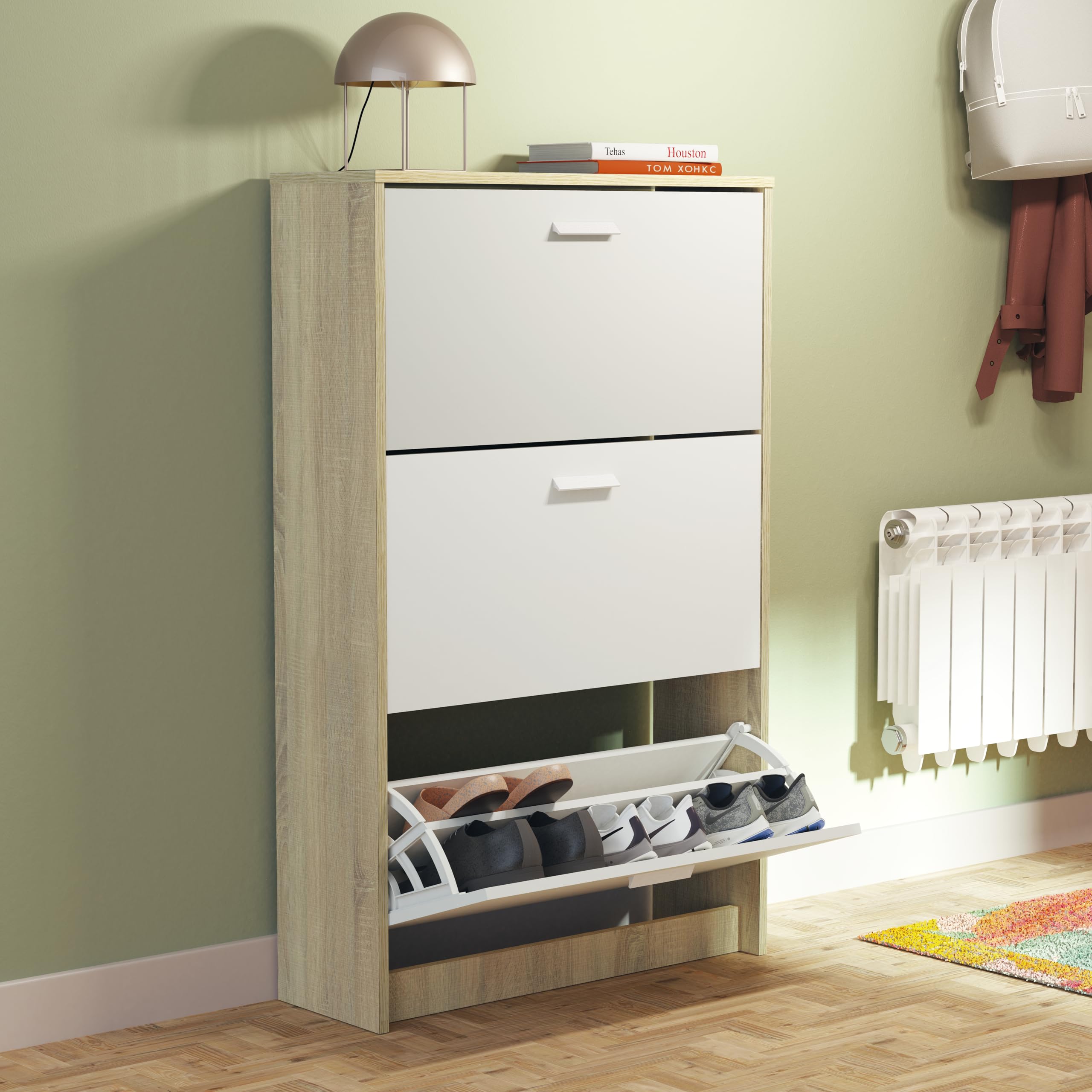 Muebles Pitarch | Scarpiera Ingresso Mobile ausiliario stretto 3 porte per ingresso Bianco e Rovere Cambrian, 18 paia di scarpe, 82x74x25cm, Collezione Tibet