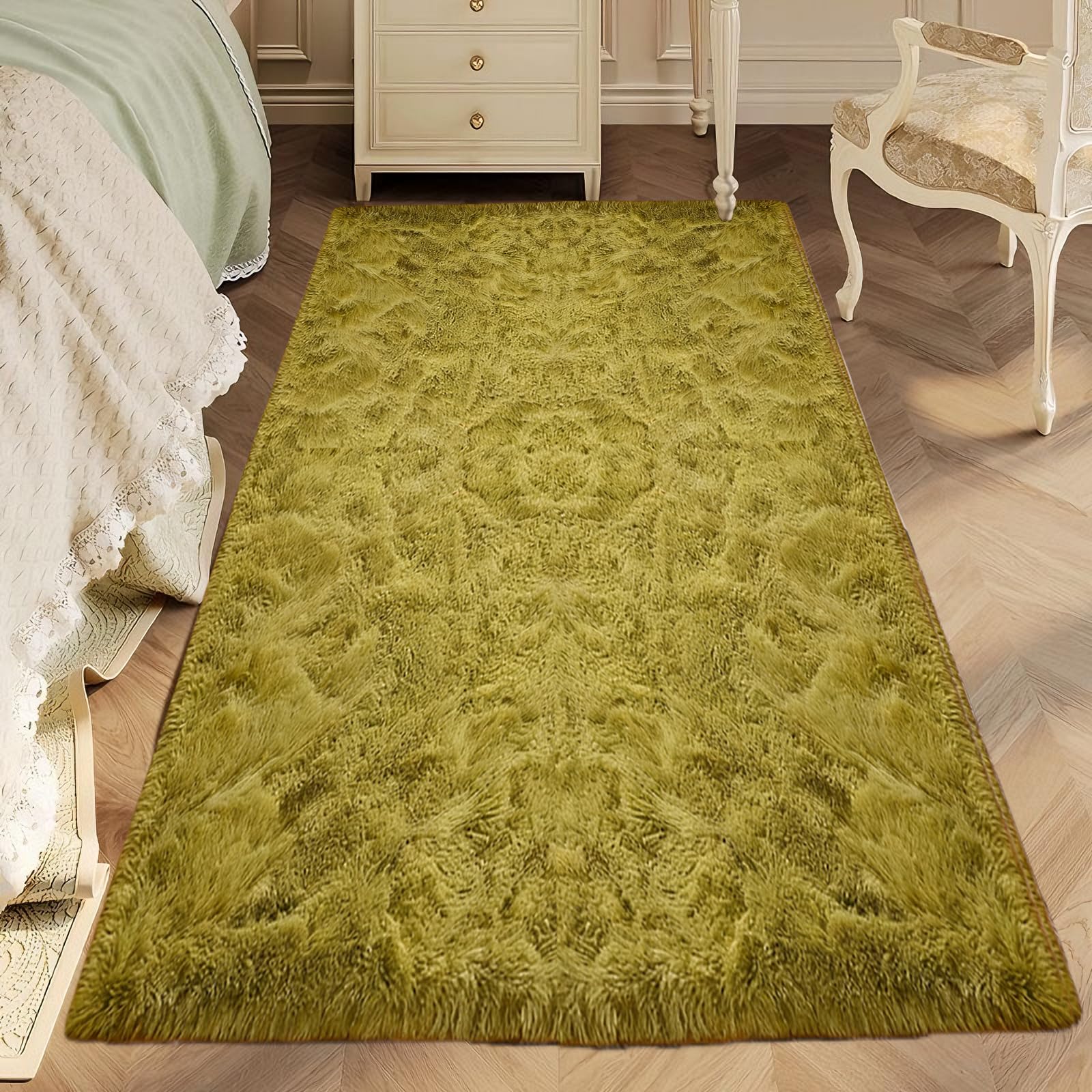 Tapis salon vert 100x280 cm moquette chambre long poil doux