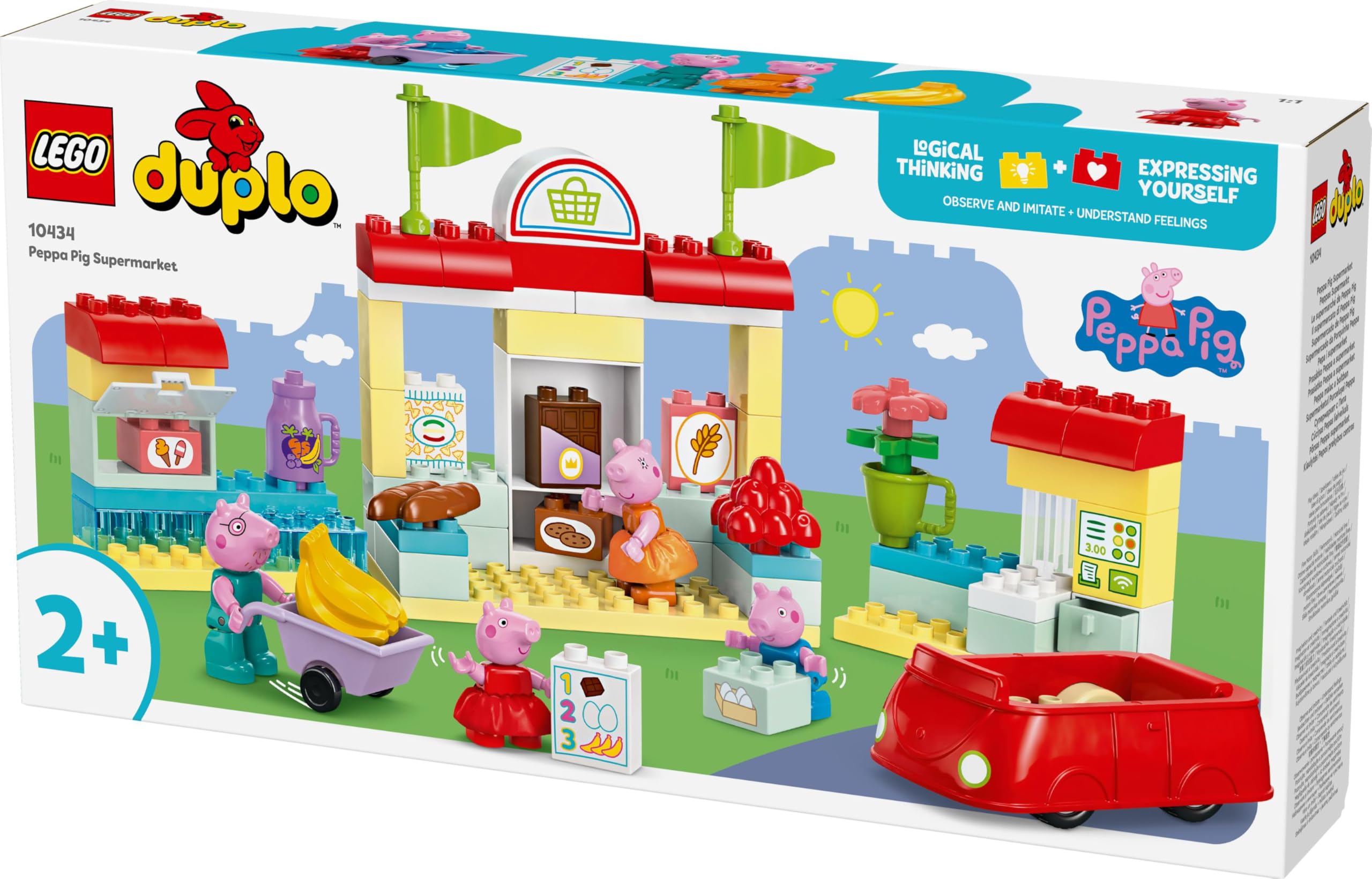 LEGO DUPLO Peppa i supermarket, zabawki edukacyjne dla maluchów, zabawka dla dziecka 2+, sklep, samochód Peppy, 4 figurki, mama świnka, tata świnka i George, pomysł na prezent dla 2-latki, 10434