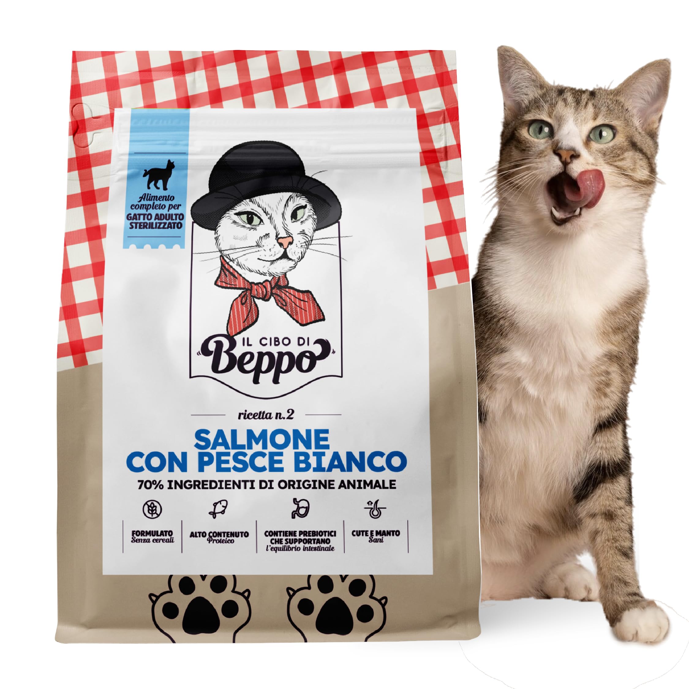 Nourriture Beppo - Nourriture sèche pour chats stérilisés - Croquettes sans céréales de haute qualité : grains libres et sans gluten - Aliment complet - 1,5 kg (saumon au poisson blanc)