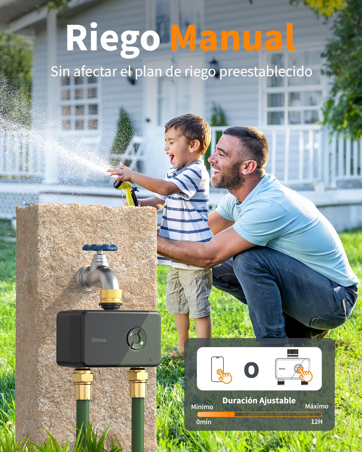 Diivoo Programador Riego WiFi 2 Zonas con Entrada Salida de Latón, Temporizador Riego App y Compatible con Voz Alexa, Temporizador Riego Automático para Manguera de Jardín, Césped