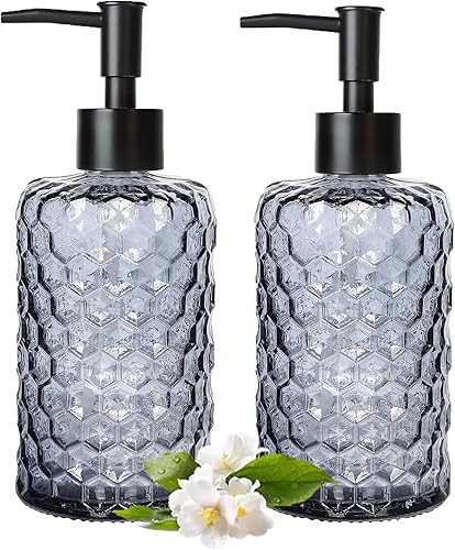 Miniatura 1 de Dispensador de jabón azul, 2 unidades16 onzas, dispensador de jabón de vidrio para baño, dispensador de loción y jabón de diseño de panal con bomba
