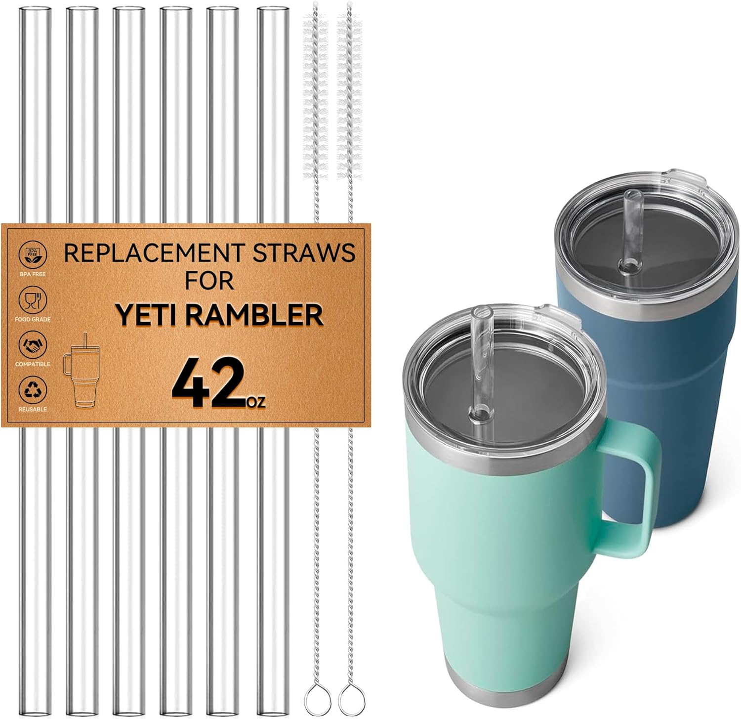 Straws For YETI 42oz 35 oz Tumblers, Replacement Straw For Yeti Rambler Straw Lid Cups 42 oz 35 oz, Reusable Plastic Clear Drinking Straw, BPA Free Tritan Material 6 Pcs Straws with 2 Cleaning Brush