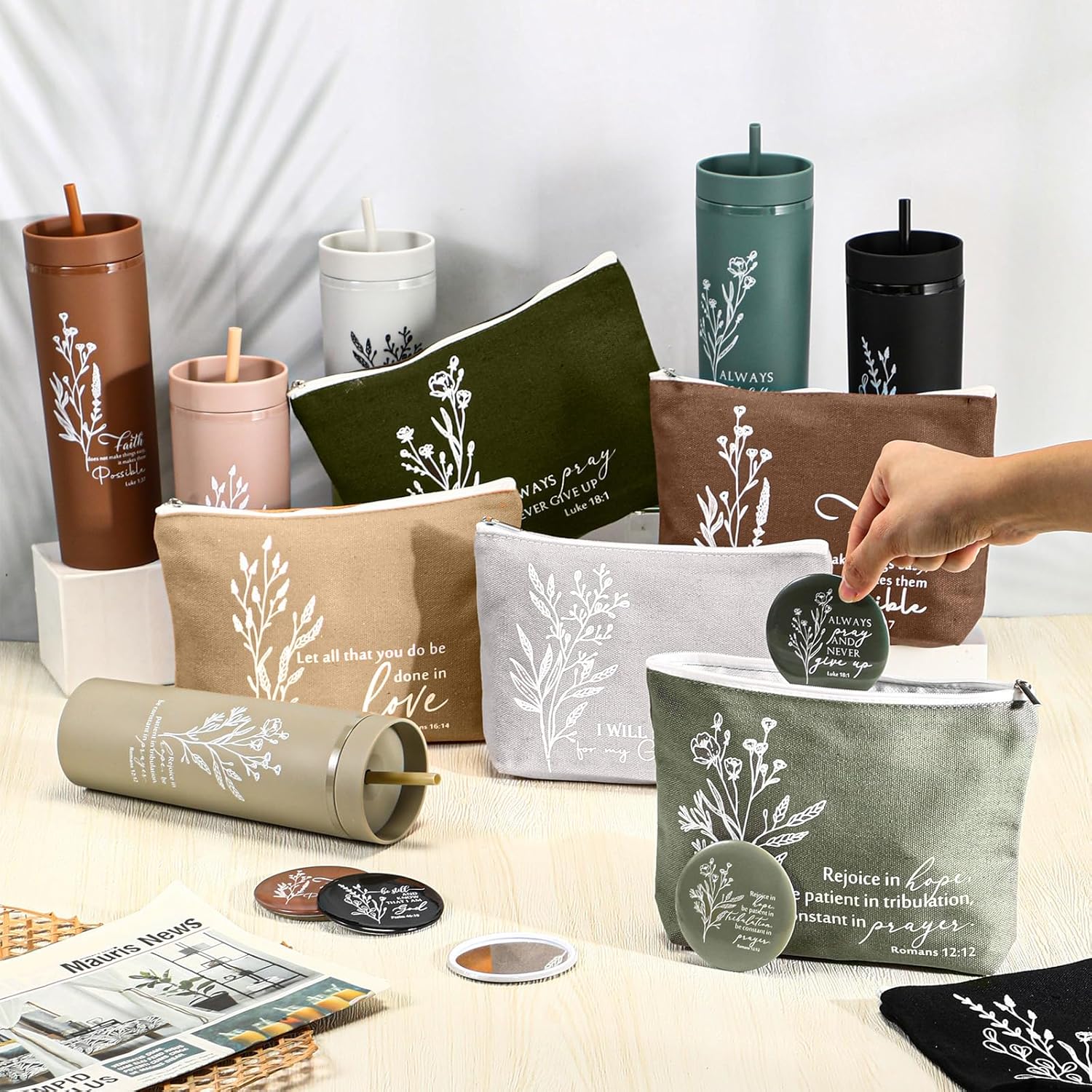 Fumete 6 Sets Easter Christian Gift for Men Women Bible Verse Skinny Tumbler with Straw Religious Cosmetic Bag Compact Mirror Mothers Day for Sunday School Teacher Appreciation Gift (Classic Color)