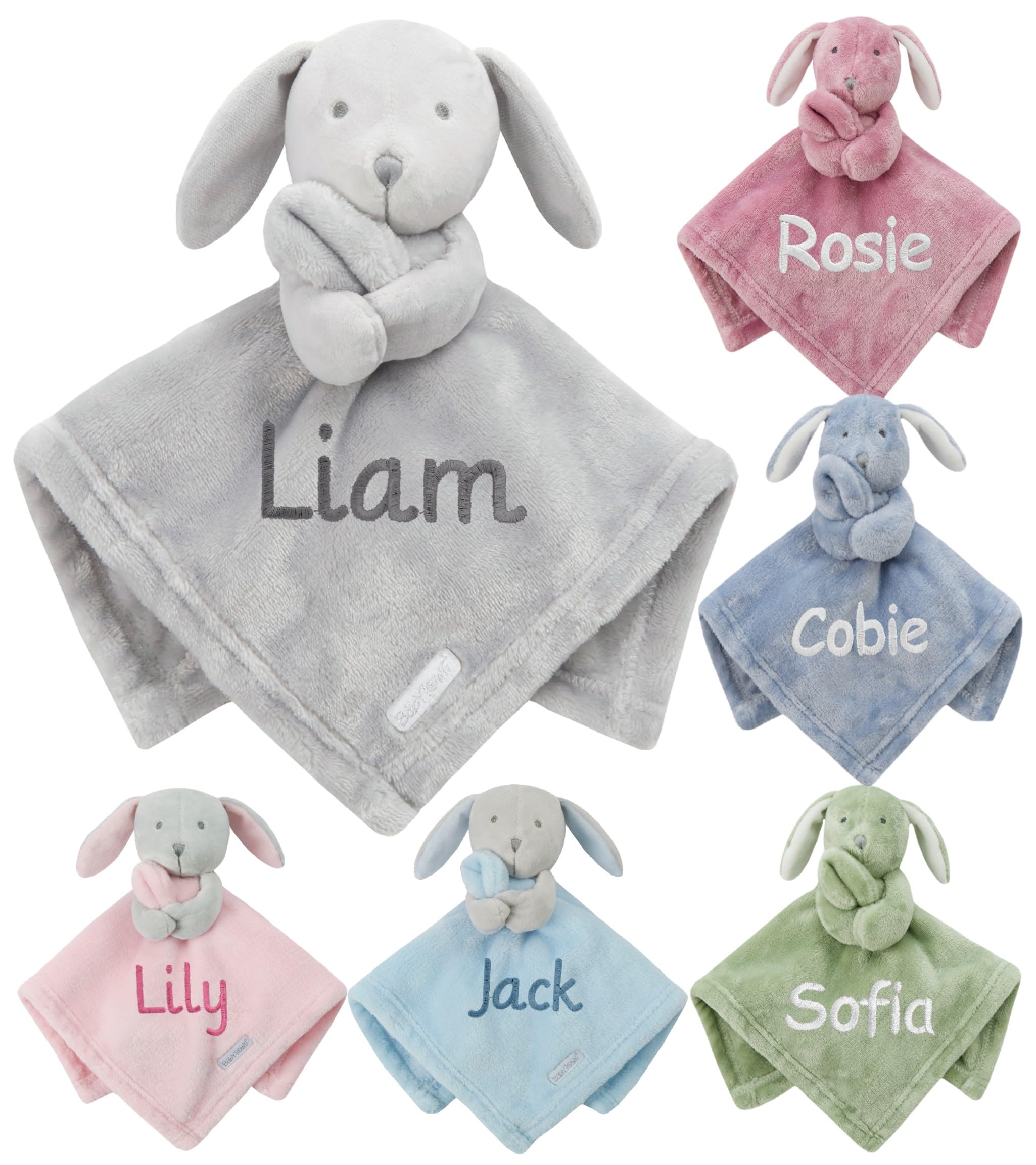 Gembroidery Personalised Baby Comforter Soft Toy Security Blanket Newborn Shower Gift Novelty Snuggly Keepsake Blankie Boy Girl (Grey Bunny)