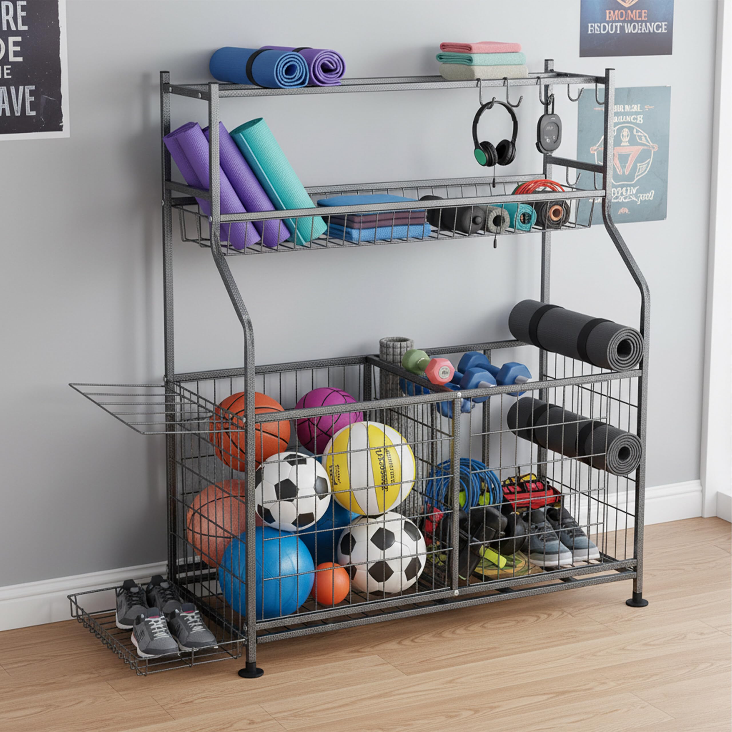 Relaxdays Almacenamiento Material Deportivo, Metal, Estantería para Utensilios Fitness y Pelotas, 111x118x42 cm, Gris