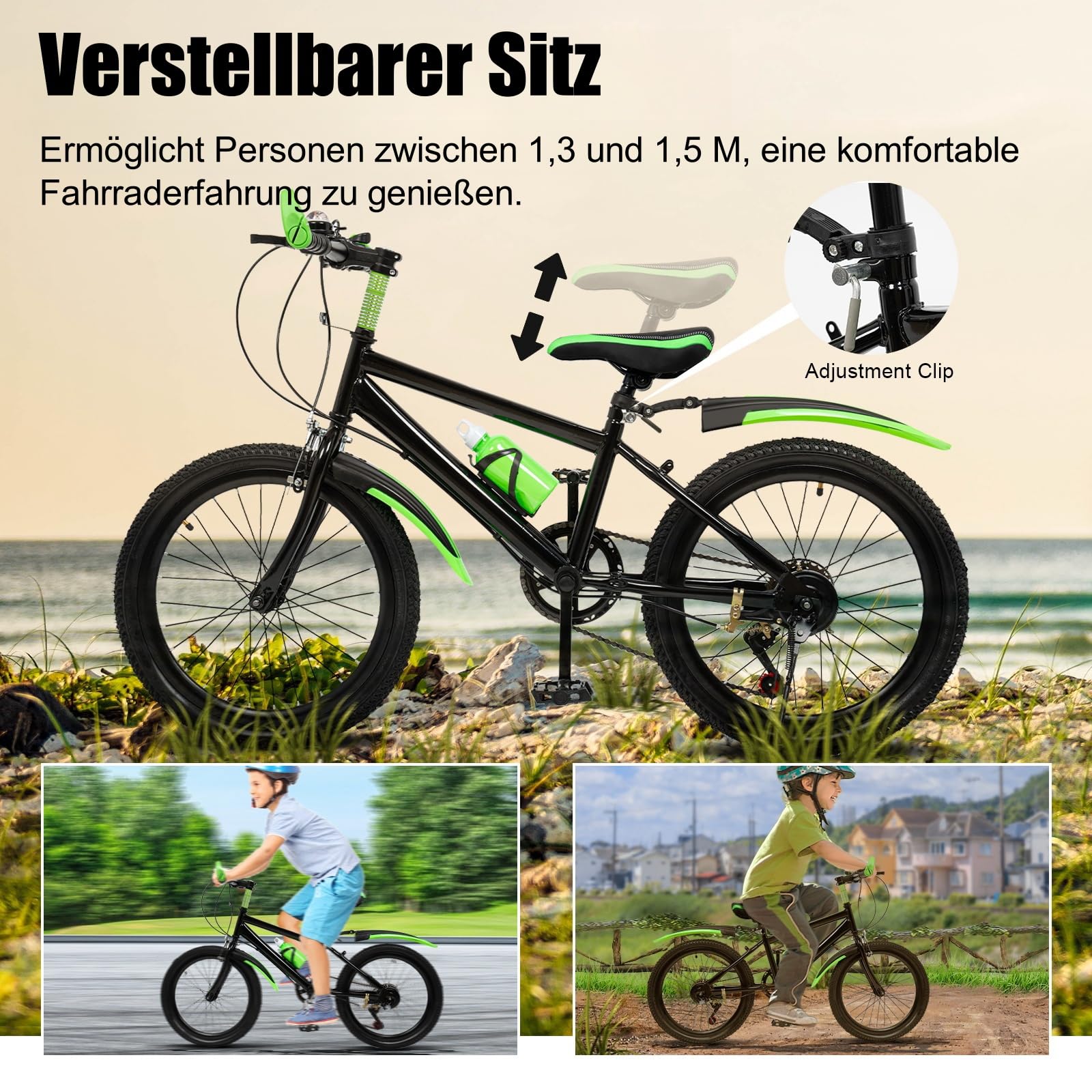 Mountain bike da 20 pollici, bicicletta per bambini, per ragazzi e ragazze, mountain bike a 7 marce, con parafango, bottiglia d'acqua, campana bussola, portata 85 kg, da 8 a 13 anni