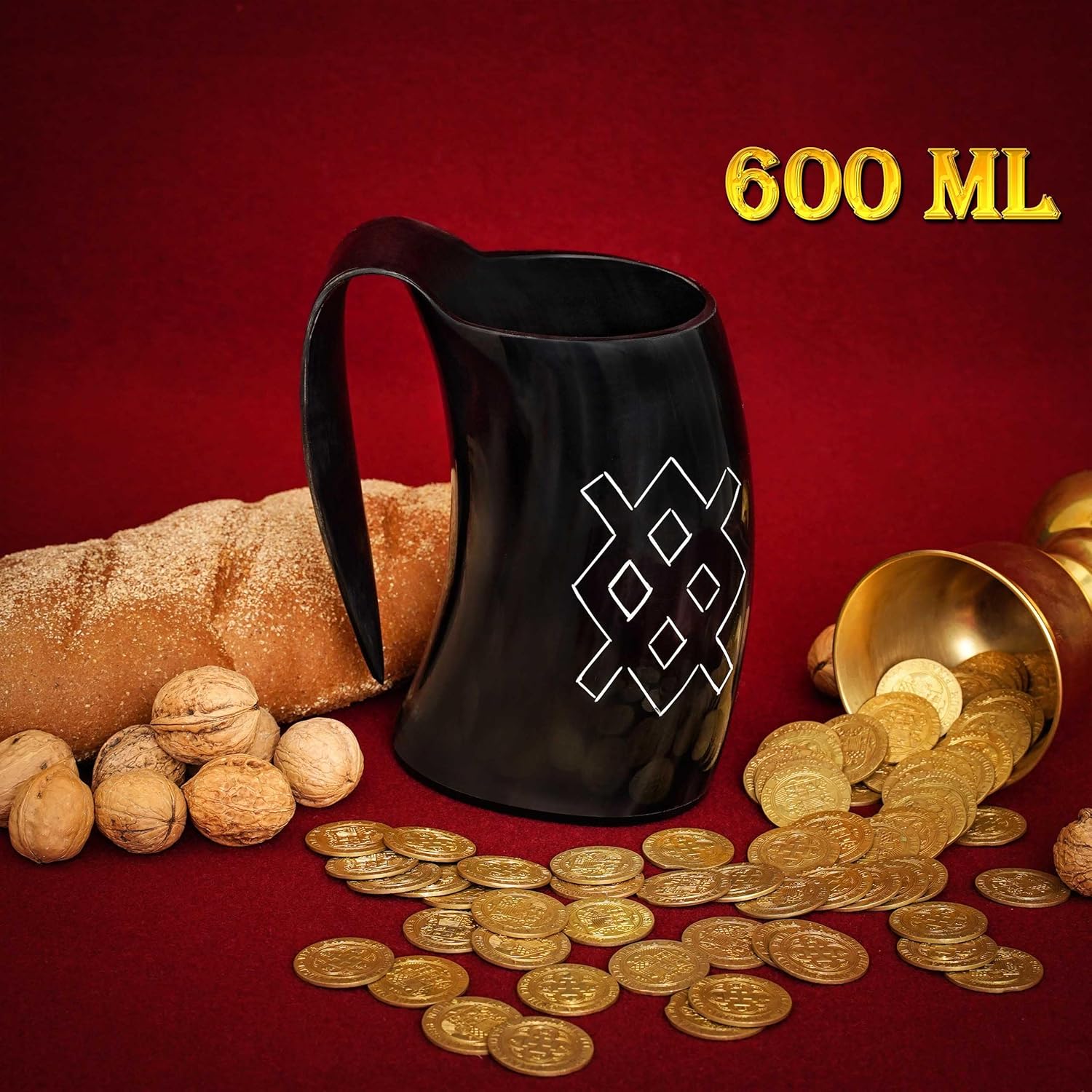 Mythorjan Viking Drinking Horn Mug 100% Natural Ox Horn Tankard Cup with Leather Holster & Canvas Bag Cool Unique Gifts Medieval Home Decor Accessories Viking Mug - 20 Oz / 600 ML