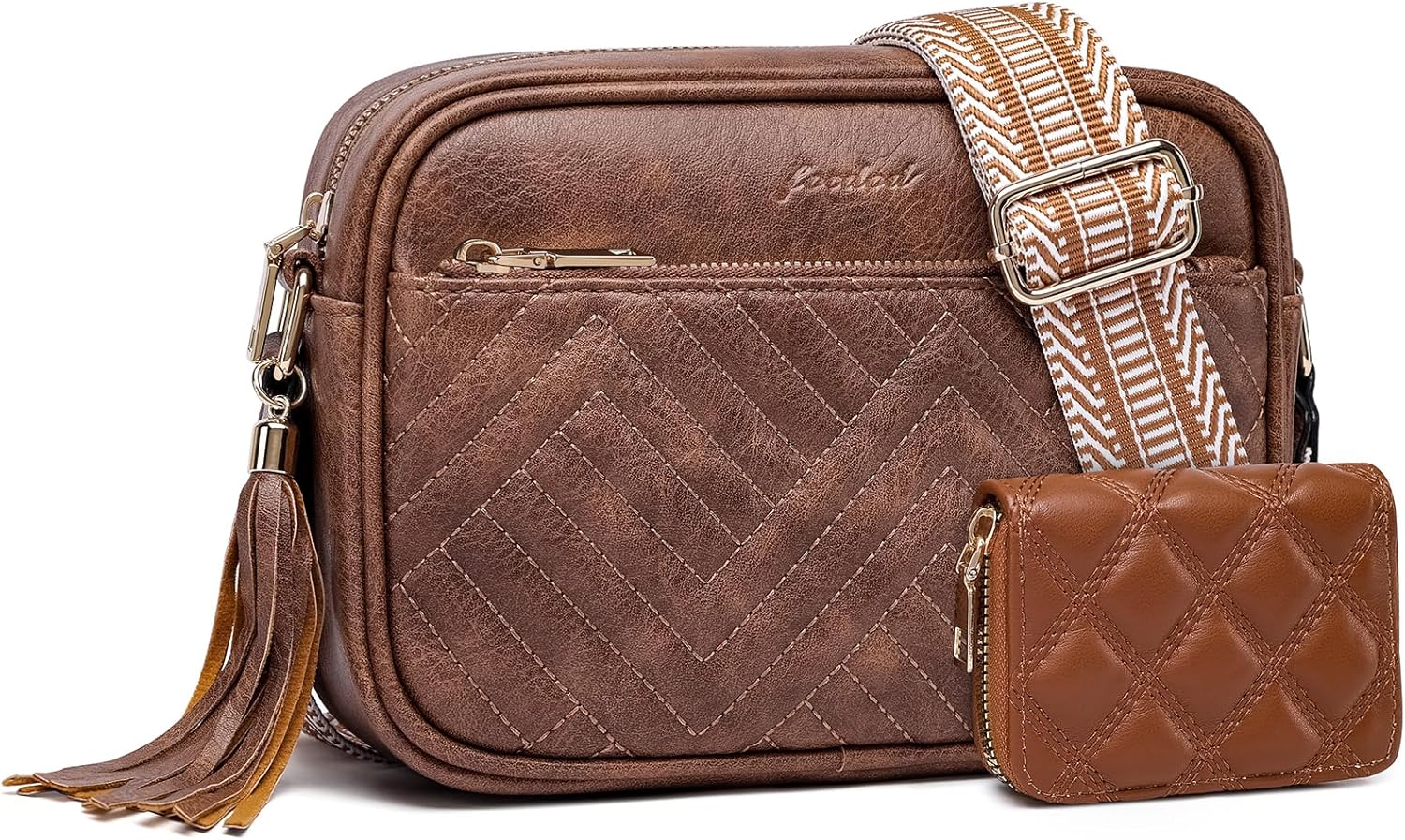 Crossbody Bags for Women Shoulder Handbags: Quilted Wallet Set Vegan Leather Purses with Tassel Adjustable Guitar Wide Strap