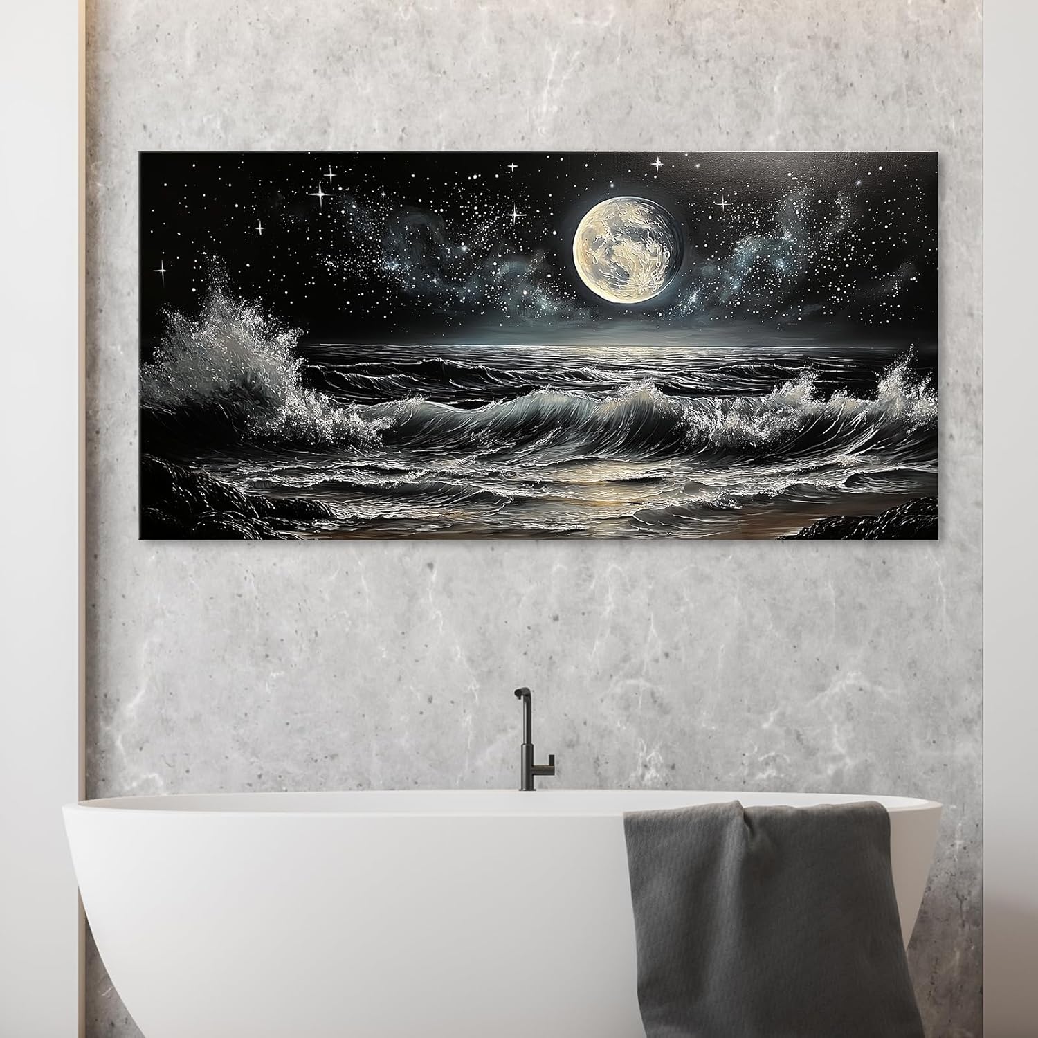 Starry Night Full Moon on Sea Canvas Wall Art Black and White Stars Ocean Waves Beach Scene Pictures Prints Modern Landscape Painting Artwork for Living Room Bedroom Coastal Home Decor 23" x 46"