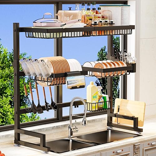 Over The Sink Dish Drying Rack 27-36L x 12W x 32.5-37H (inches) (Expandable Height and Length) Snap-On Design 2 Tier Large Dish Rack