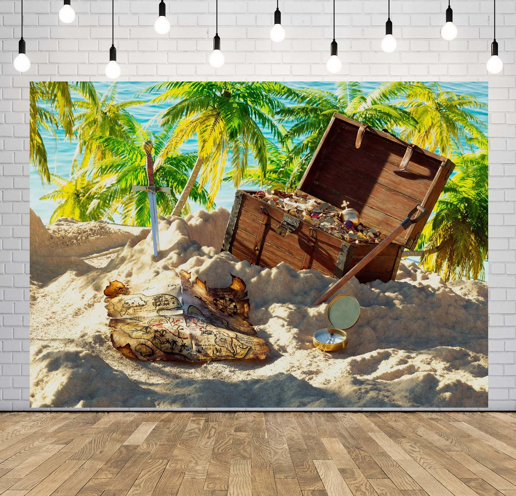 BELECO 4.6x2.5m Telo sfondo tema pirata | Vecchia mappa pirata scrigno tesoro spada bussola spiaggia tropicale palme sfondo halloween accessori foto