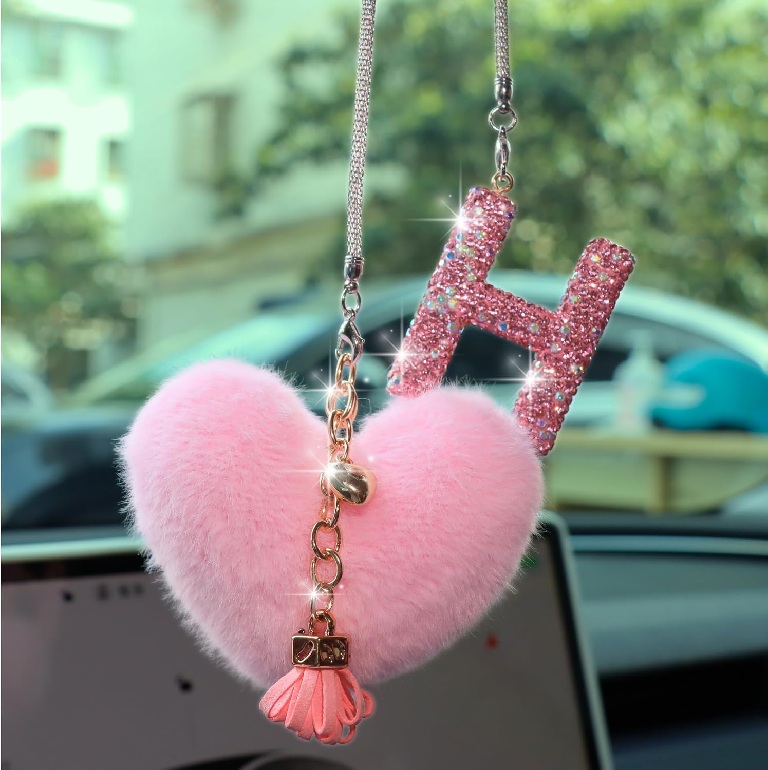 Bling Pink Car Accessories for Women Letter Charm, Rainbow Color Rear View Mirror Cute Crystal Pendant Car Decorations, Lucky Gifts Diamond Rhinestone Charm Interior(A, Tassel Heart)