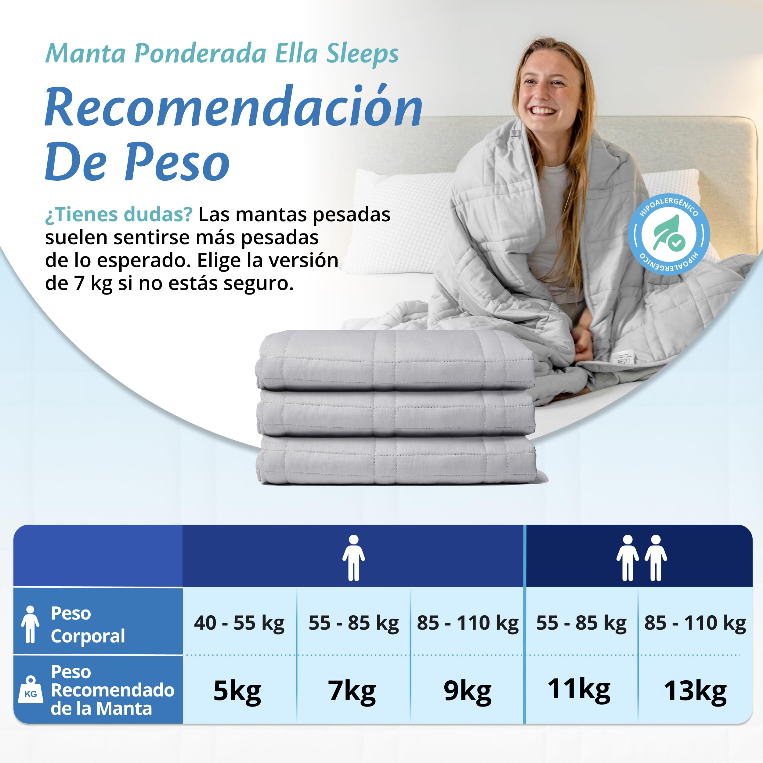 Ella Coperta ponderata per adulti 150x200 9kg - Coperta pesante rilassante per il sonno e antistress - 7 strati, perle di vetro ipoallergeniche, strato esterno in morbido cotone - Weighted Blanket