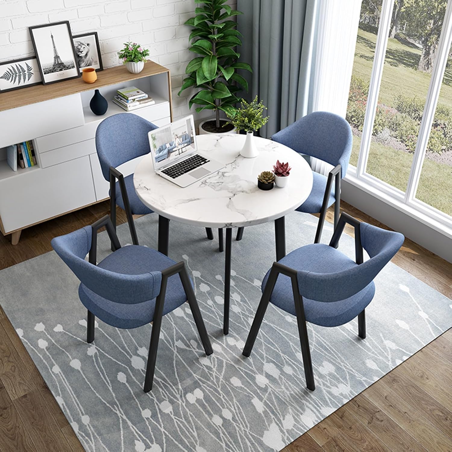 Front Desk Reception Counter, Negotiation Table, Table and Chairs Set for 4, Office Table Round Furniture Table Marble Round Table 1 Table 4 Chairs, 80cm(Light Blue)
