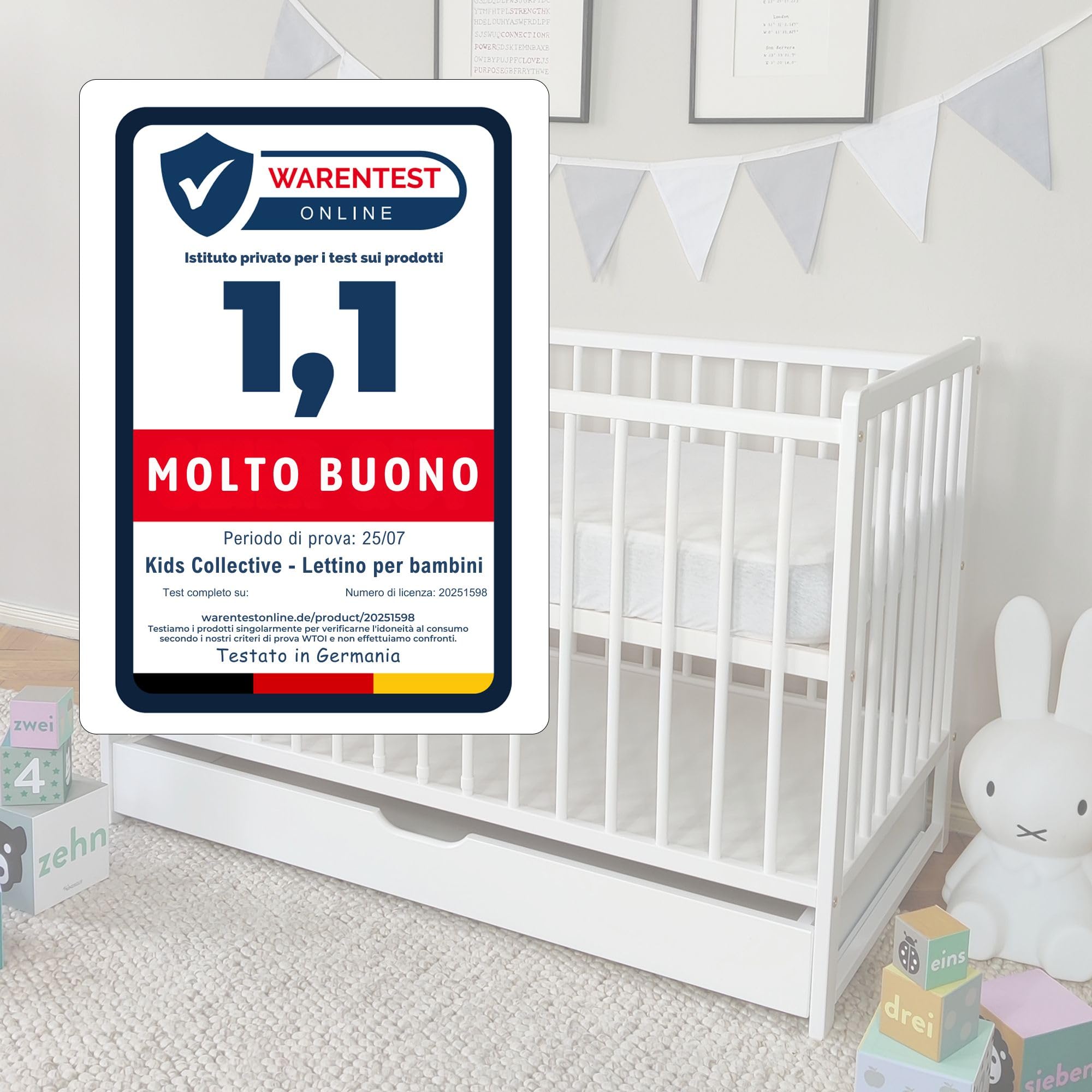 Kids Collective Lettino per neonati 60x120 con sponde Lettino che cresce con il bambino rete a doghe regolabile in altezza con sponde rimovibili & cassetto bianco Legno massello di pino