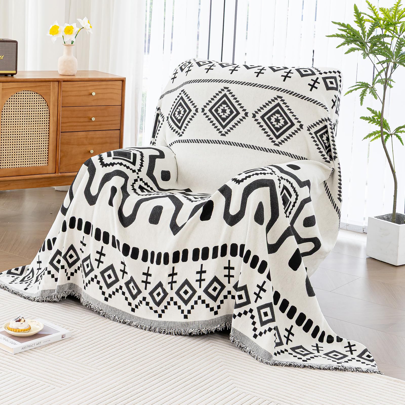 JPGGD Boho Couch Cover, Chenille Sofa Cover Washable for Dogs, Boho Couch Covers for Sofa Pet Friendly, Bohemia Sofa Slipcovers for Recliner(Black, 59