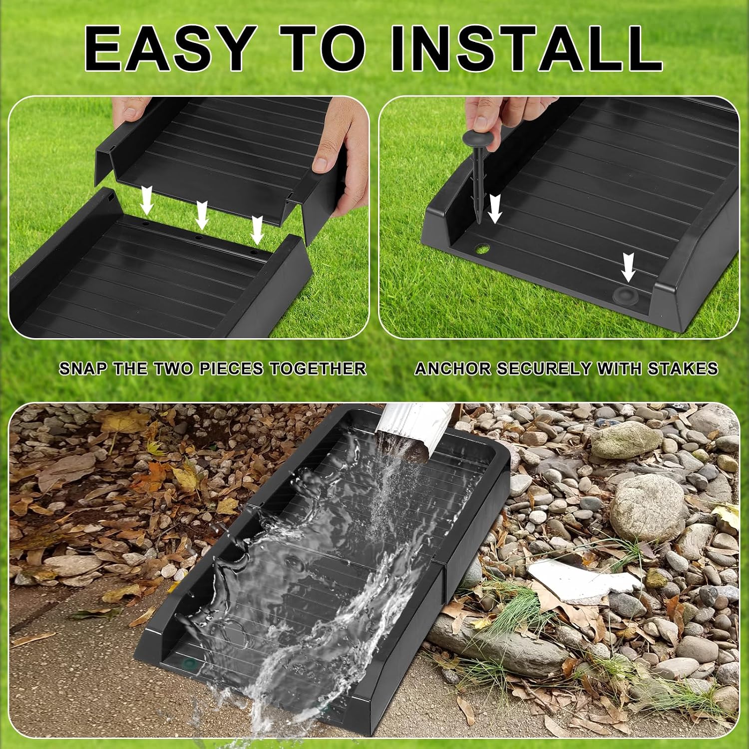 Aobiono Downspout Splash Block, Gutter Downspout Extensions Diverter, 24" Gutter Extension Splash Guard for Rain Water Drainage with Ground Stakes (2 Pcs Black)