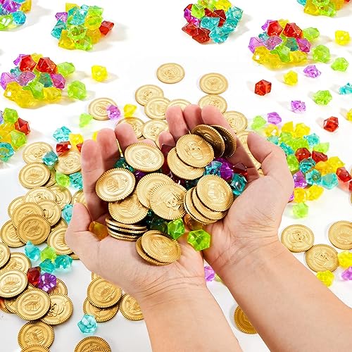 Miniatura 3 de Juguete 288piezas monedas de oro pirata y piedras preciosas JOYIN, conjunto de fiesta. (144monedas + 144gemas)
