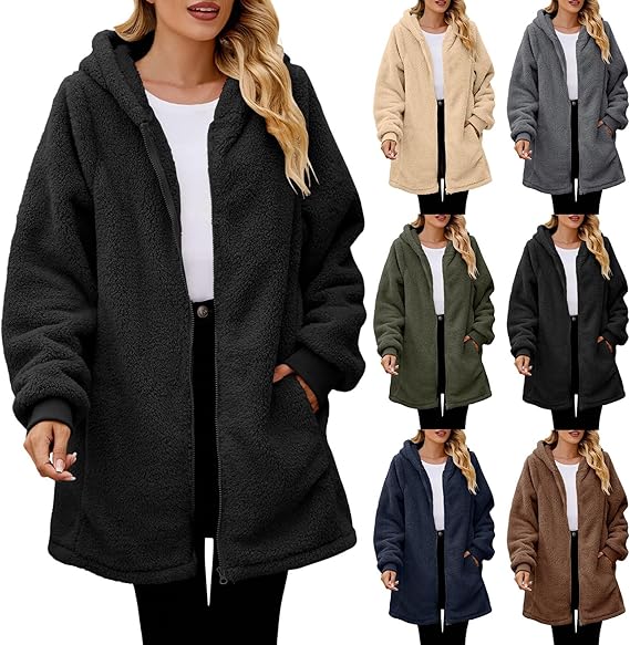 Damen Teddyjacke Winter - Karierte Fleecejacke Mit Kapuze Im Retro-Style