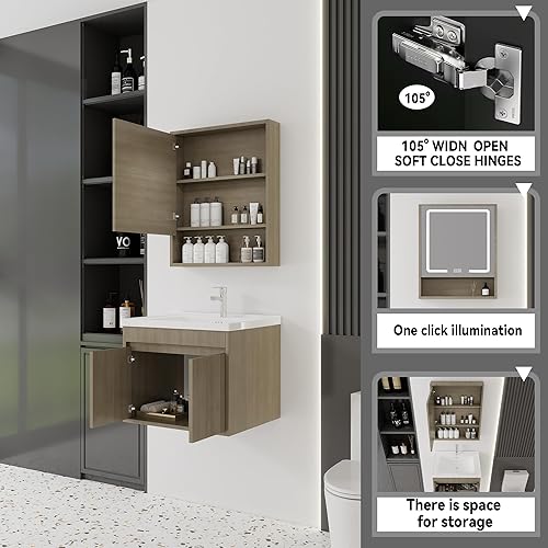Miniatura 83 de Tocador de baño de 20 pulgadas con lavabo de cerámica, tocador de baño pequeño montado en la pared con puerta de cierre suave, gabinete flotante