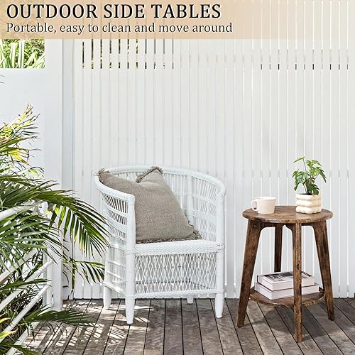 Miniatura 7 de Mesa auxiliar redonda pequeña de madera con estante inferior, mesita de noche moderna para espacios pequeños, sala de estar, dormitorio, marrón retro