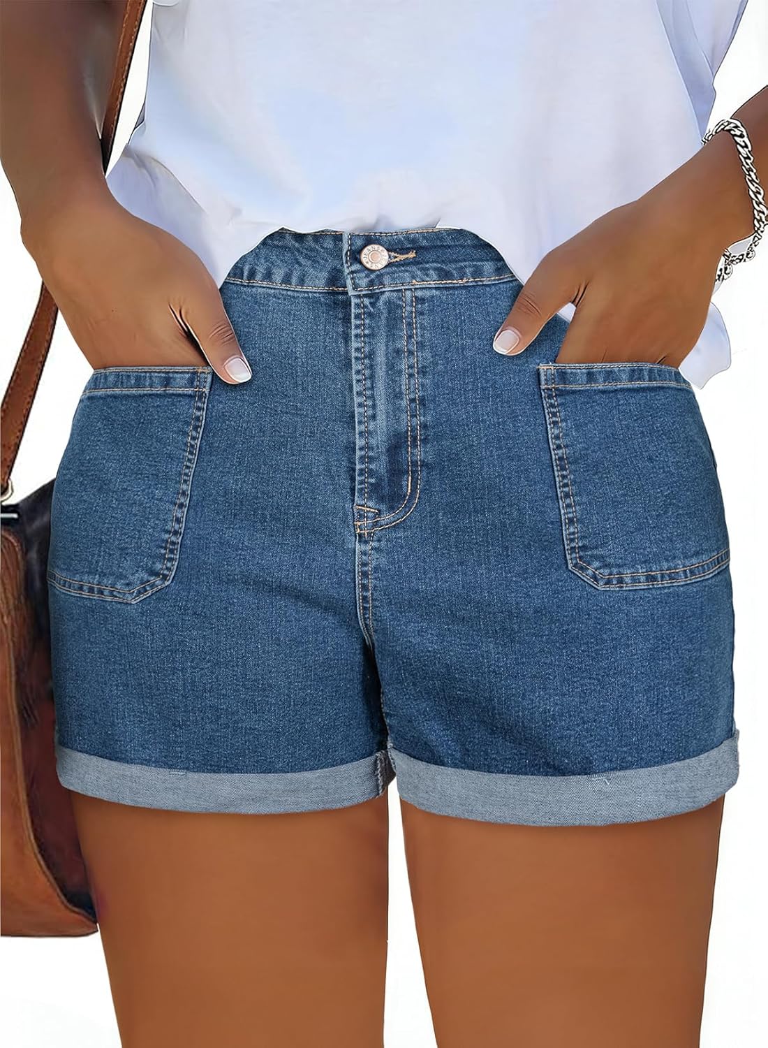 Eytino Women Plus Size Denim Shorts Trendy Stretch High Rise Rolled Hem Summer Casual Jean Shorts with Pockets(1X-5X)