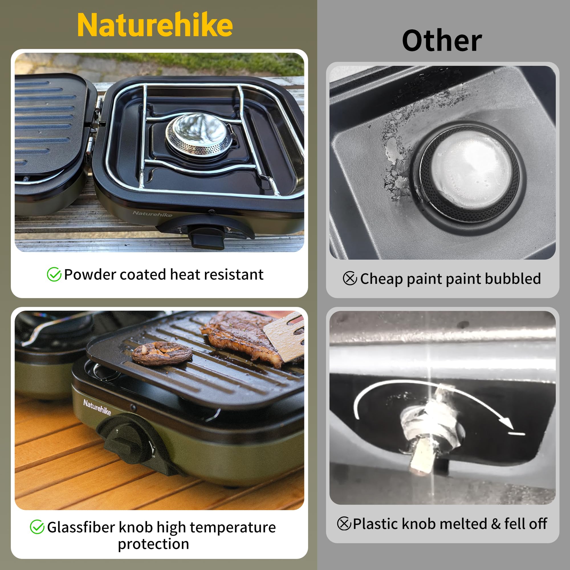 Naturehike Réchaud à gaz de camping pliable 2 en 1 avec plaque de gril, réchaud à gaz portable, 2 brûleurs réglables, allumage piézoélectrique, compatible avec mélange de carburant isobutane