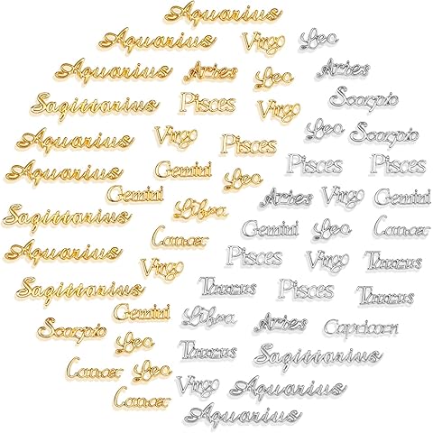 72 PCS Zodiac Word Message Charm Pendant, Gold and silver Twelve Constellation Charm Alloy Zodiac Nail Charms DIY Pendant for Jewelry Making, Resin Mold, Nail, etc.