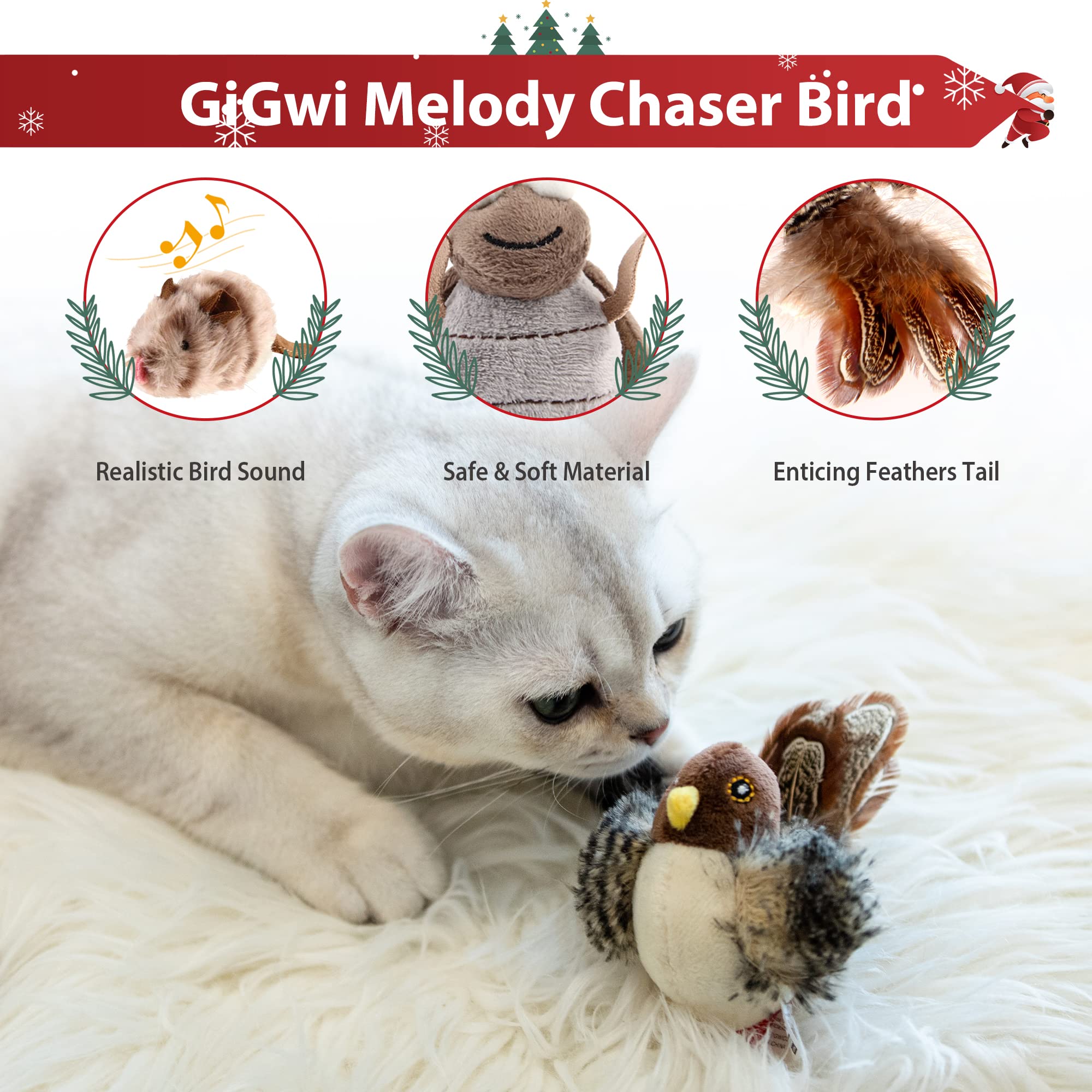 PETGEEK GiGwi Interaktives Katzenfederspielzeug, Melodie Chaser Chirpy Vogel & Maus Katzenspielzeug Plüschtiere für Katzen, Quietschen Katzenspielzeug für Indoor Katzen