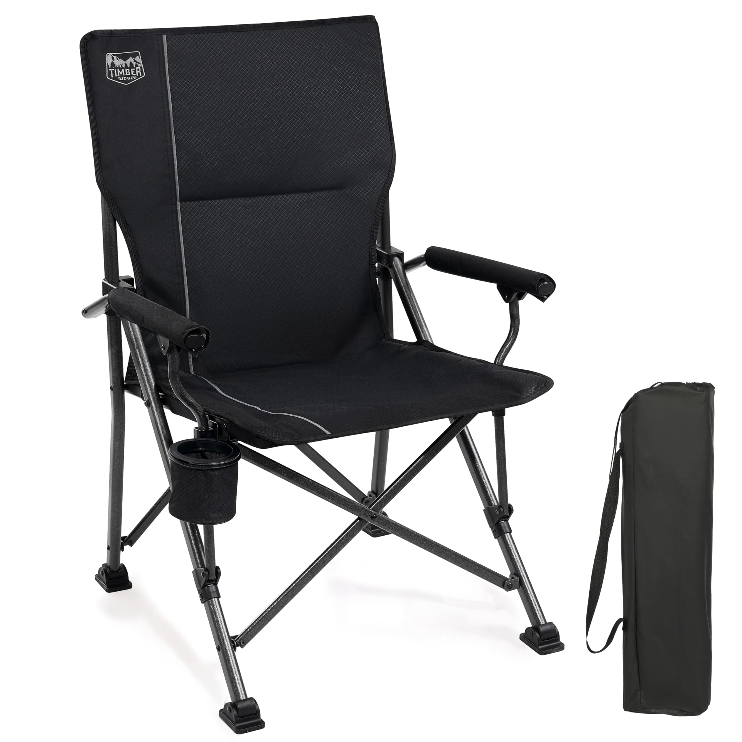 TIMBER RIDGEFoldable Camping Chair 150kg High Back Portable Folding Chair with Drink Holder Hard Armrest Fishing Chair for Camping Picnic Garden Balcony