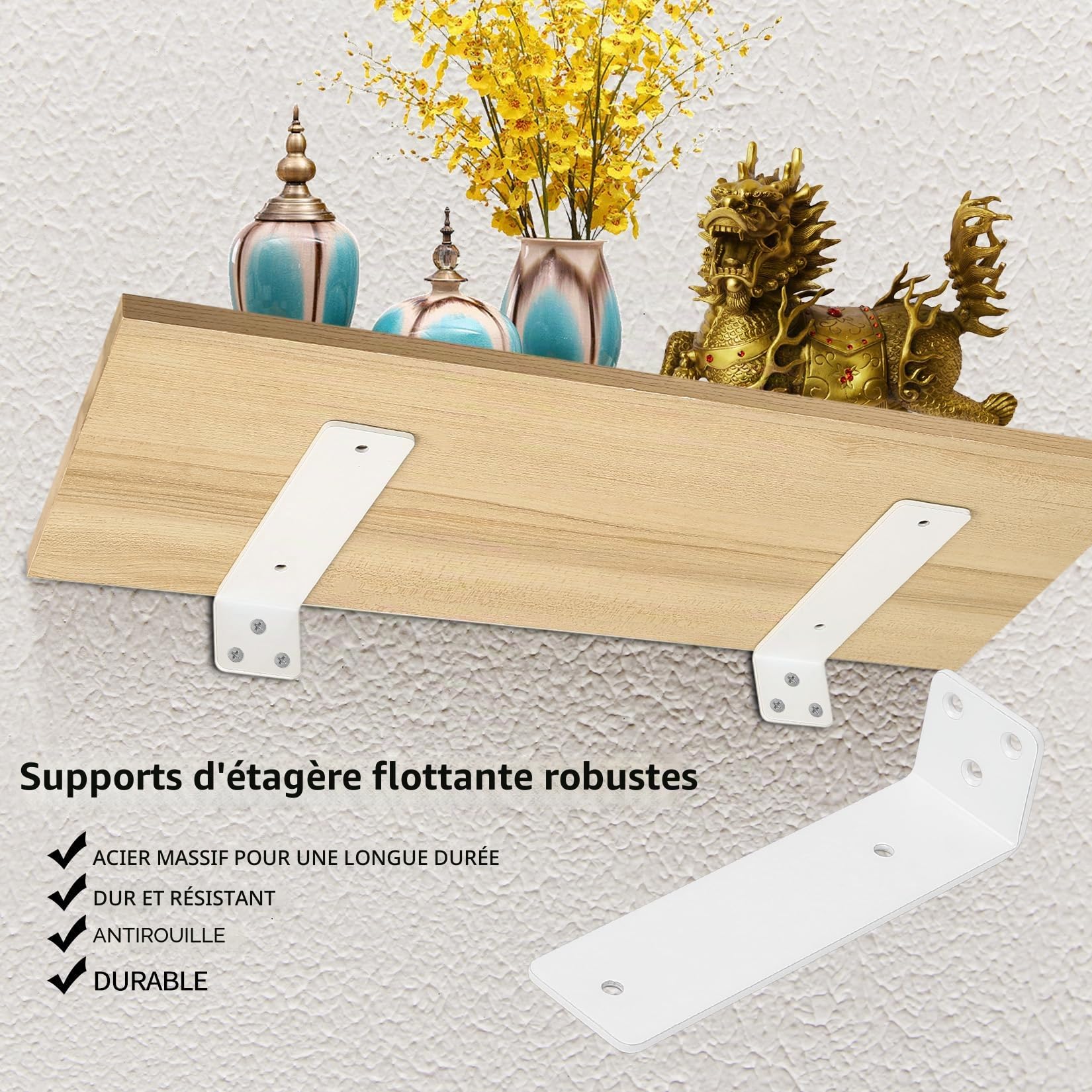 4 Pièces Equerre Etagere Murale Blanc, 200 mm Equerre Charge Lourde, Équerre Étagère de Fixation Etagere Murale Invisible, Supports d'Étagère Murale Metal Industrielle pour Meuble